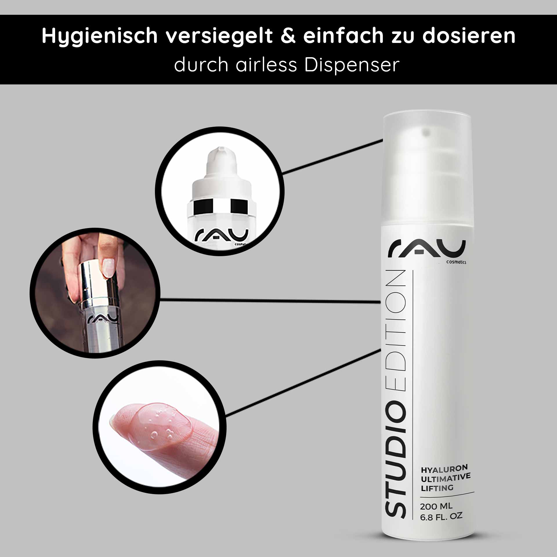 Hyaluron Ultimate Lifting 200 ml Gel à l'acide hyaluronique RAU Cosmetics Hyaluron Ultimative Lifting Gel im Airless-Spender mit hygienischer Verpackung, Anwendung mit der Fingerspitze und Produktdetails, die die Anti-Aging-Vorteile hervorheben.