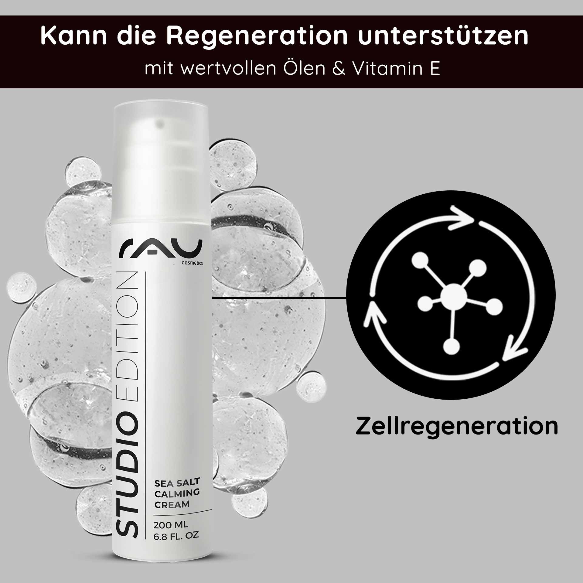 Sea Salt Calming Cream de RAU Cosmetics, emballage de 200 ml avec bulles, soulignant les bienfaits de la régénération cutanée avec des huiles et de la vitamine E.