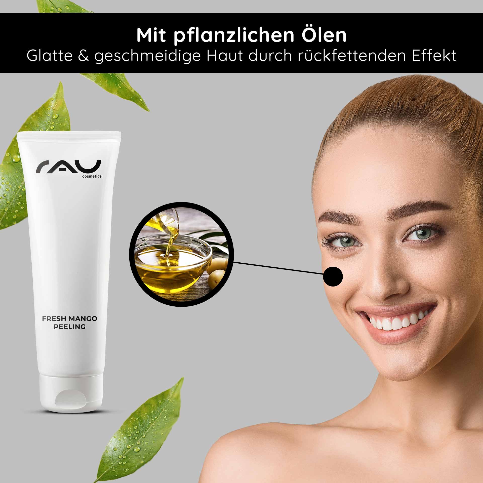 Emballage du RAU Fresh Mango Peeling — Tube de 75 ml avec détails du produit