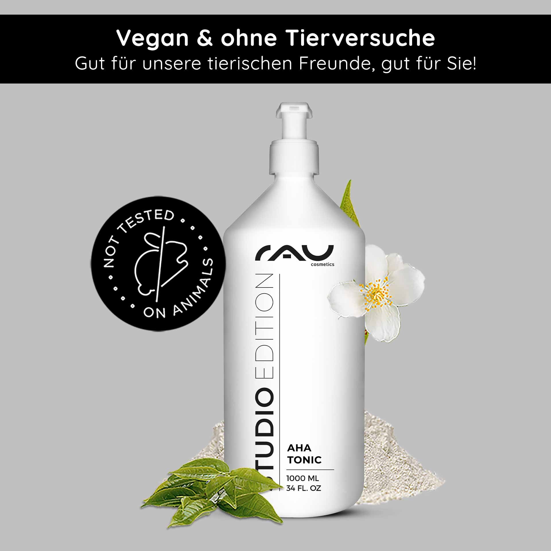 AHA Tonic 1000-ml-Flasche von RAU Cosmetics, mit veganer und tierversuchsfreier Kennzeichnung, mit floralen und pflanzlichen Elementen, die die Vorteile der Hautpflege hervorheben.
