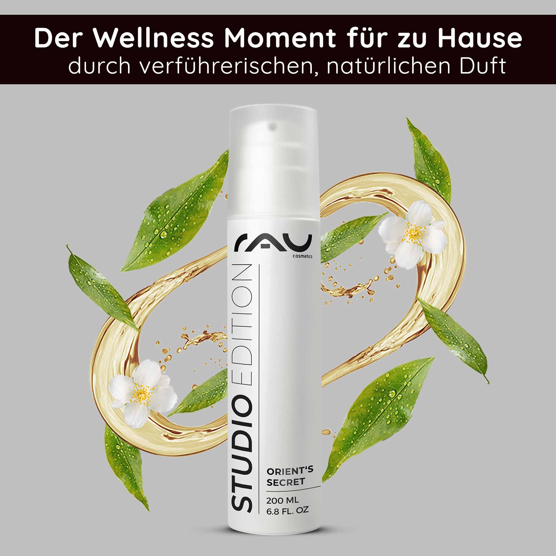 Crème visage Orient's Secret de RAU Cosmetics en 200 ml, entourée d'ingrédients naturels comme des fleurs et des feuilles, soulignant les propriétés nourrissantes et le parfum frais.