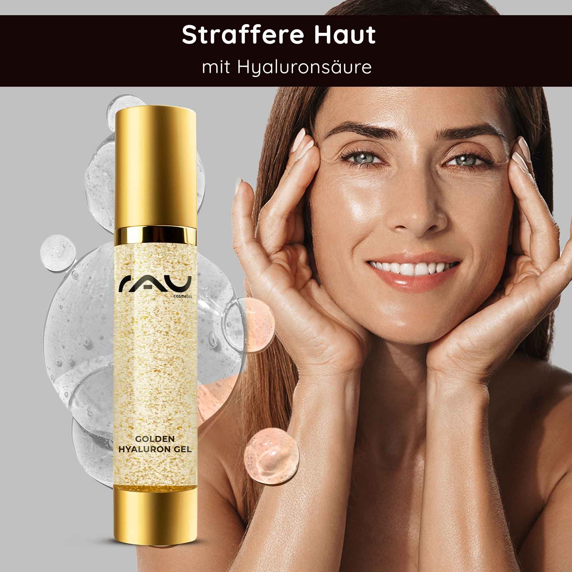 Flacon de gel hyaluronique doré de RAU Cosmetics avec or 23 carats, femme appliquant le soin et soulignant les bienfaits anti-âge et hydratants.