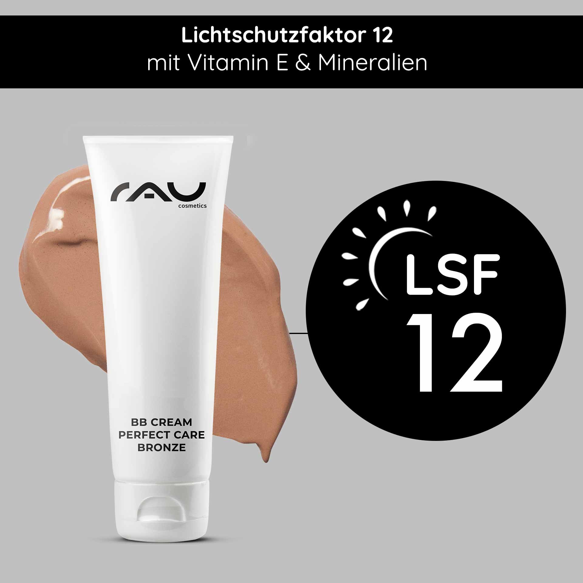 BB Cream Perfect Care Bronze de RAU Cosmetics, SPF 12, à la texture crémeuse et aux bienfaits de la vitamine E et des minéraux, conçue pour un teint radieux.