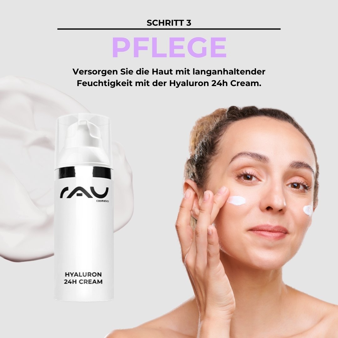 Femme avec la Hyaluron 24H Cream de RAU Cosmetics, appliquant la crème hydratante sur son visage, étape 3 de la routine de base pour peaux sèches.