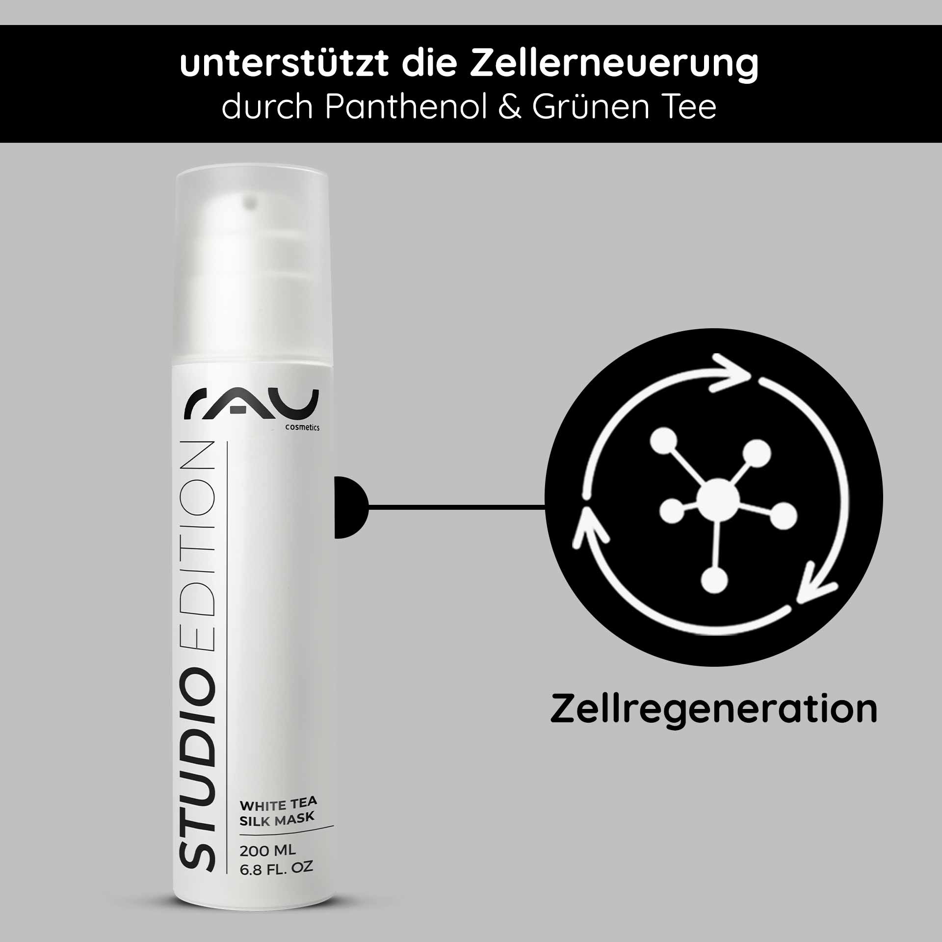 White Tea Silk Mask 200 ml Crème riche & masque RAU White Tea Silk Mask, 200-ml-Flasche mit Text, der die durch Panthenol und grünen Tee unterstützte Zellregeneration hervorhebt, auf grauem Hintergrund.