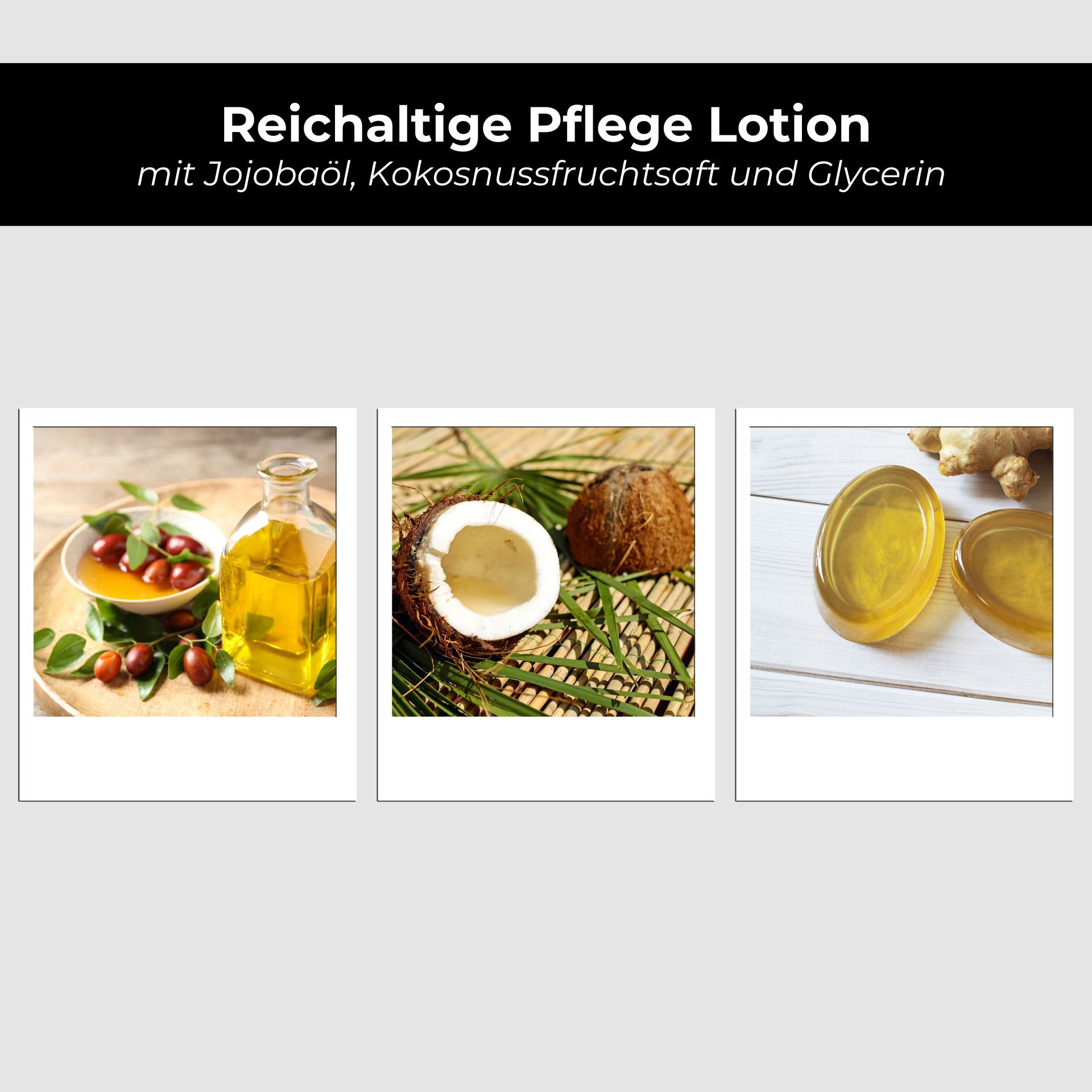 Lotion de soin riche avec huile de jojoba, noix de coco et glycérine, ingrédients pour une hydratation et un soin intenses de la peau.