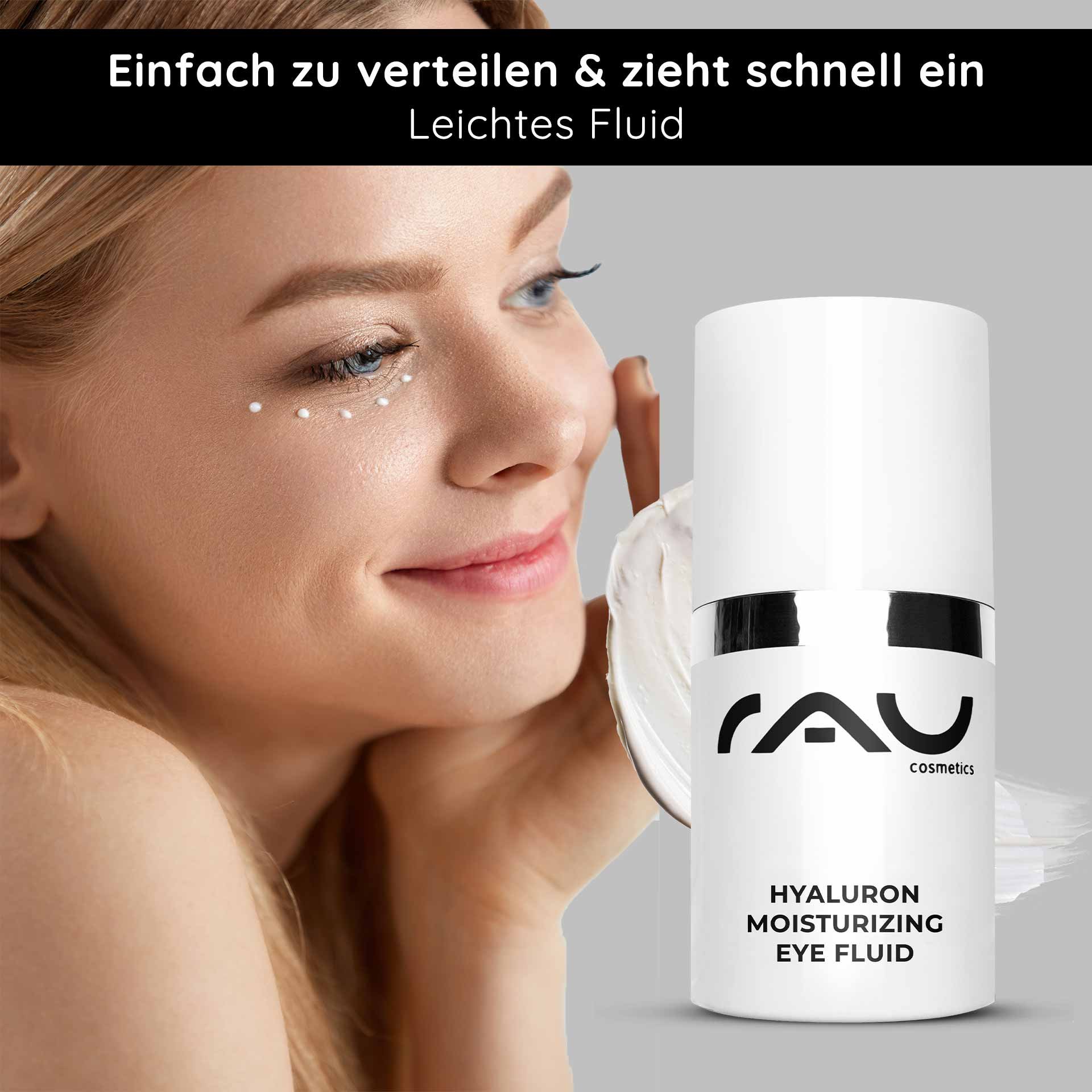 Frau mit Hyaluron Moisturizing Eye Fluid von RAU Cosmetics, aufgetragen unter dem Auge, betont die feuchtigkeitsspendenden Eigenschaften des Produkts für trockene Haut.