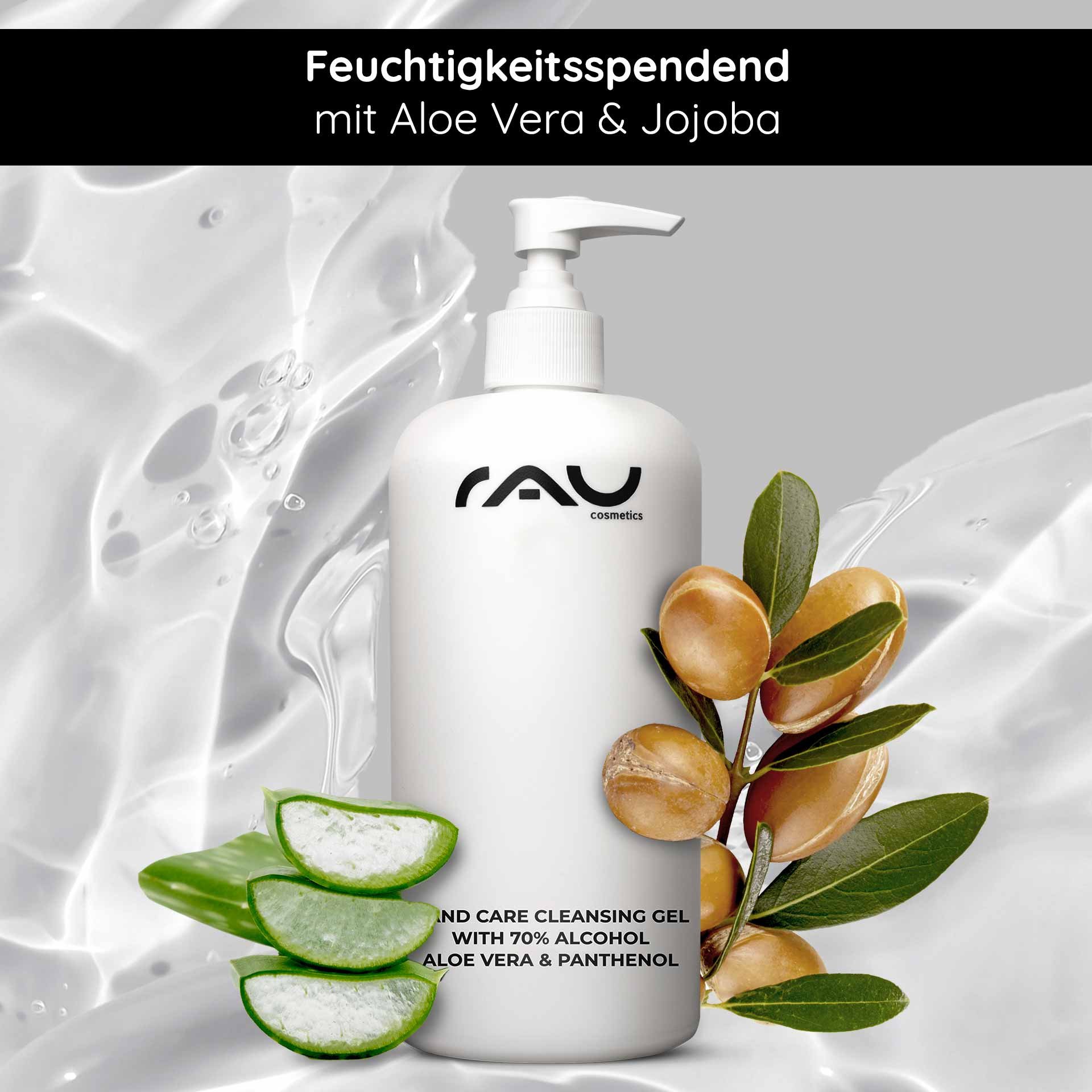 Flasche mit Pumpe für das Handpflege-Reinigungsgel von RAU Cosmetics mit Aloe Vera und Jojoba, umgeben von Aloe-Scheiben und Öltröpfchen, die die feuchtigkeitsspendenden und desinfizierenden Eigenschaften betonen.