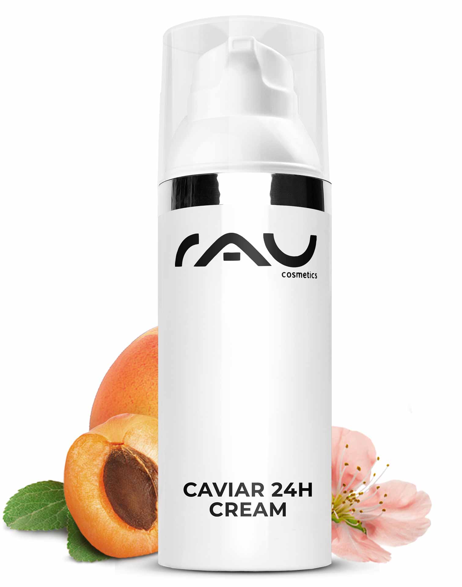 Caviar 24h Cream 50 ml Soin de la peau à l'extrait de caviar Flasche der RAU Cosmetics Caviar 24h Cream mit Aprikosen- und Blumenakzenten, die die Anti-Aging-Eigenschaften und die feuchtigkeitsspendende Wirkung hervorhebt.