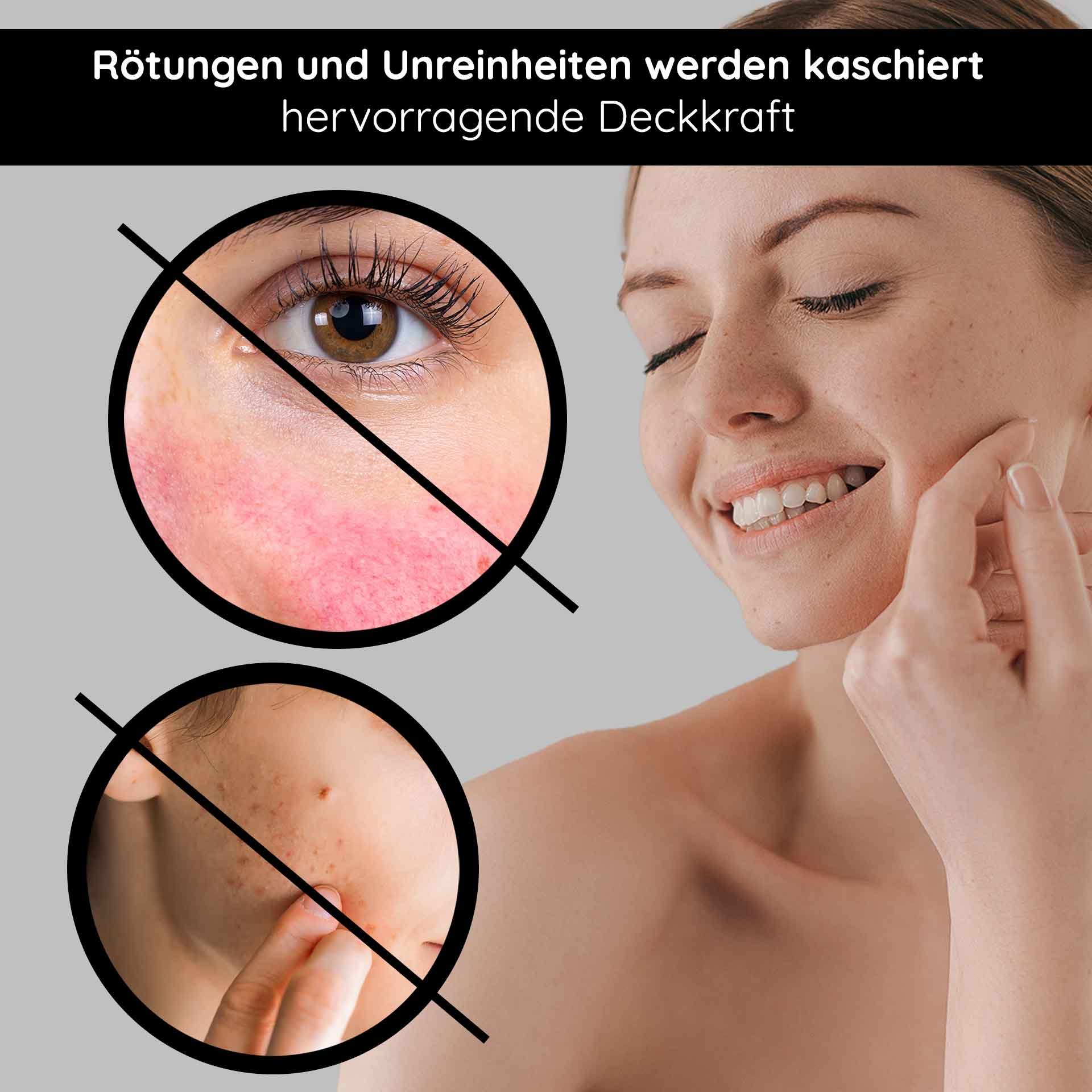 Rötungen und Unreinheiten kaschiert mit hervorragender Deckkraft, Darstellung von Hautpflegeeffekten der RAU Cosmetics BB Cream.
