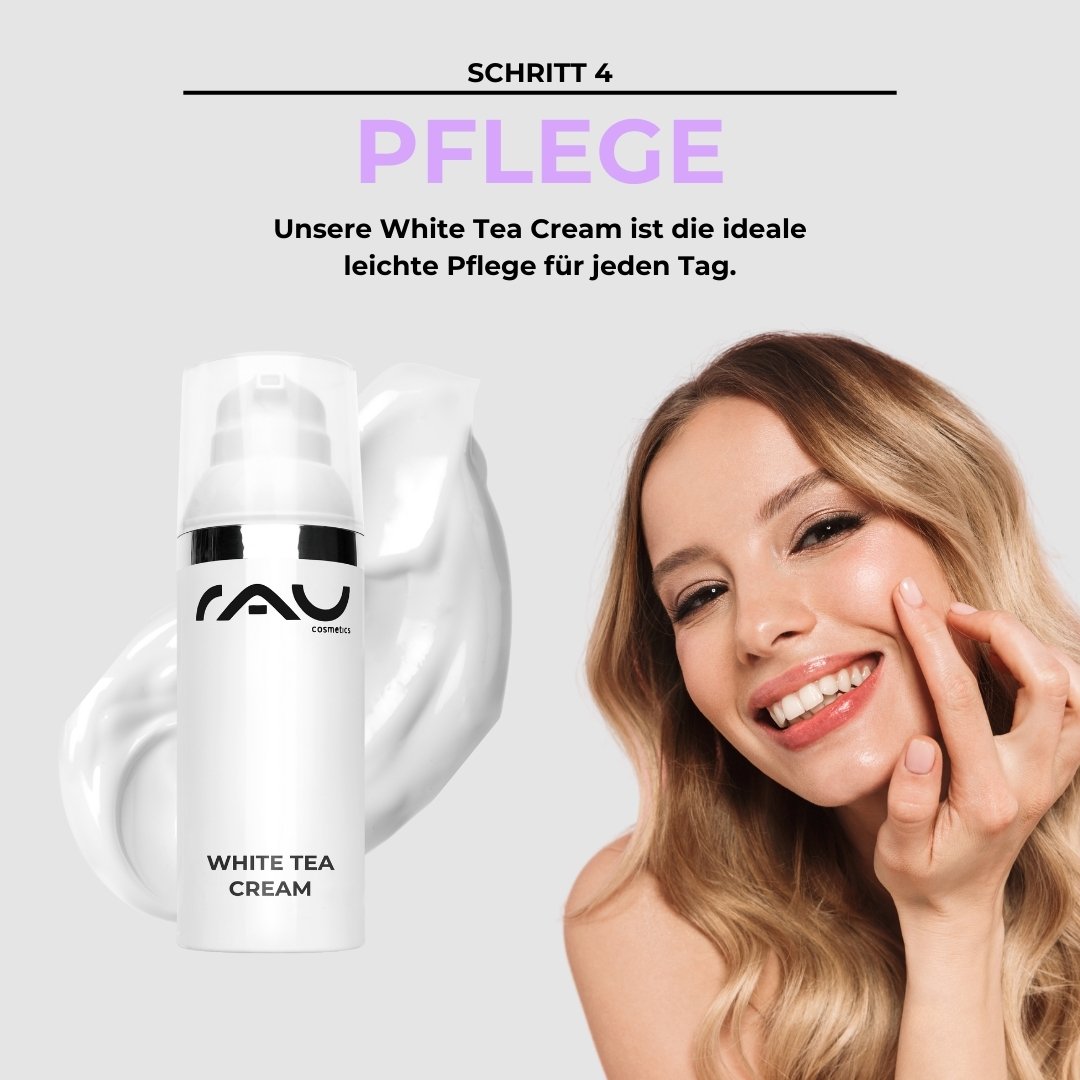 White Tea Cream von RAU Cosmetics mit einer lächelnden Frau, die sie auf ihr Gesicht aufträgt und die Hautpflegeroutine für normale Haut betont.