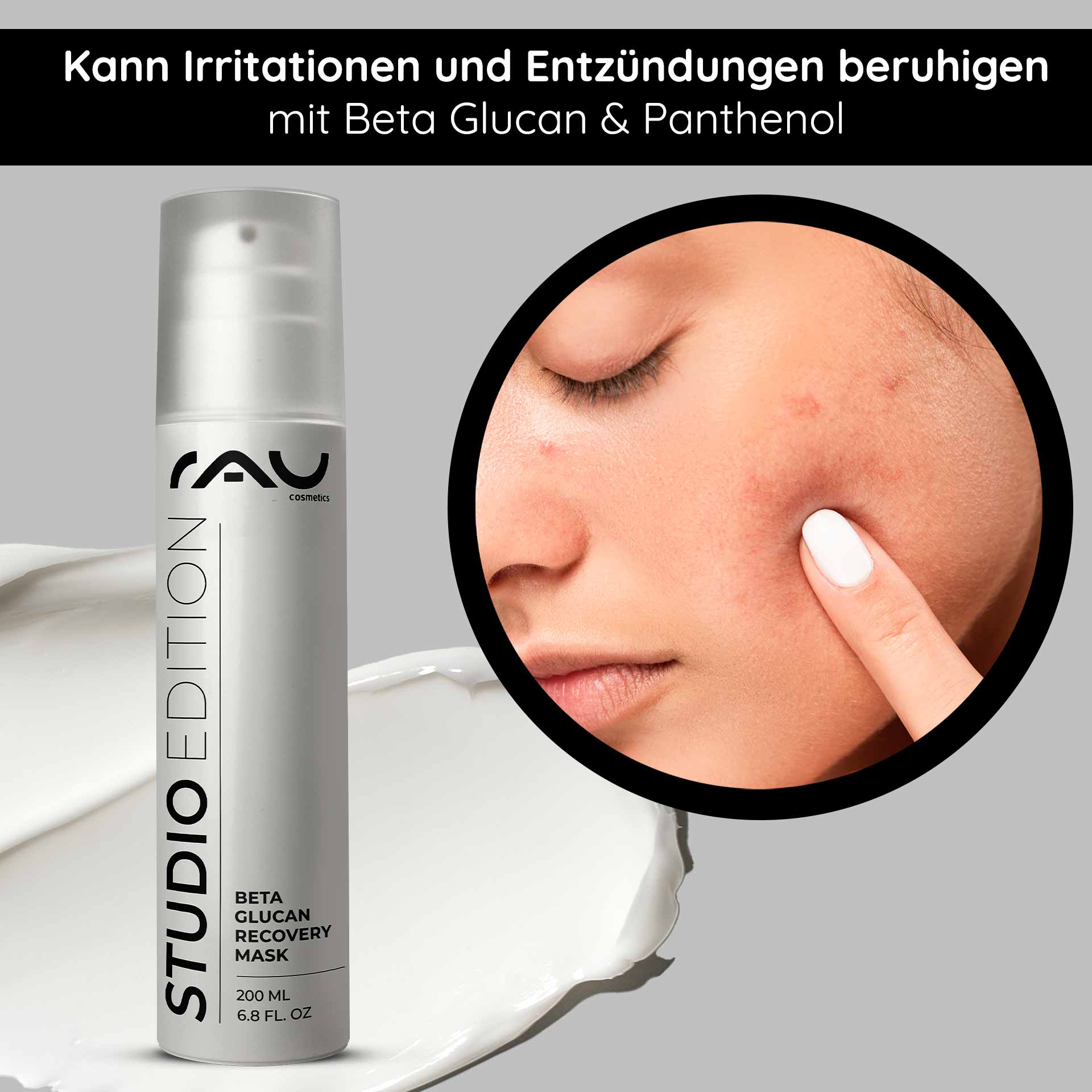 Beta Glucan Recovery Mask 200 ml Masque pour peau irritée RAU Beta Glucan Recovery Mask 200 ml in silberner Verpackung, die die beruhigende Wirkung auf gereizte Haut hervorhebt; Nahaufnahme des Gesichts eines Models mit Akne und Auftragen der Maske.