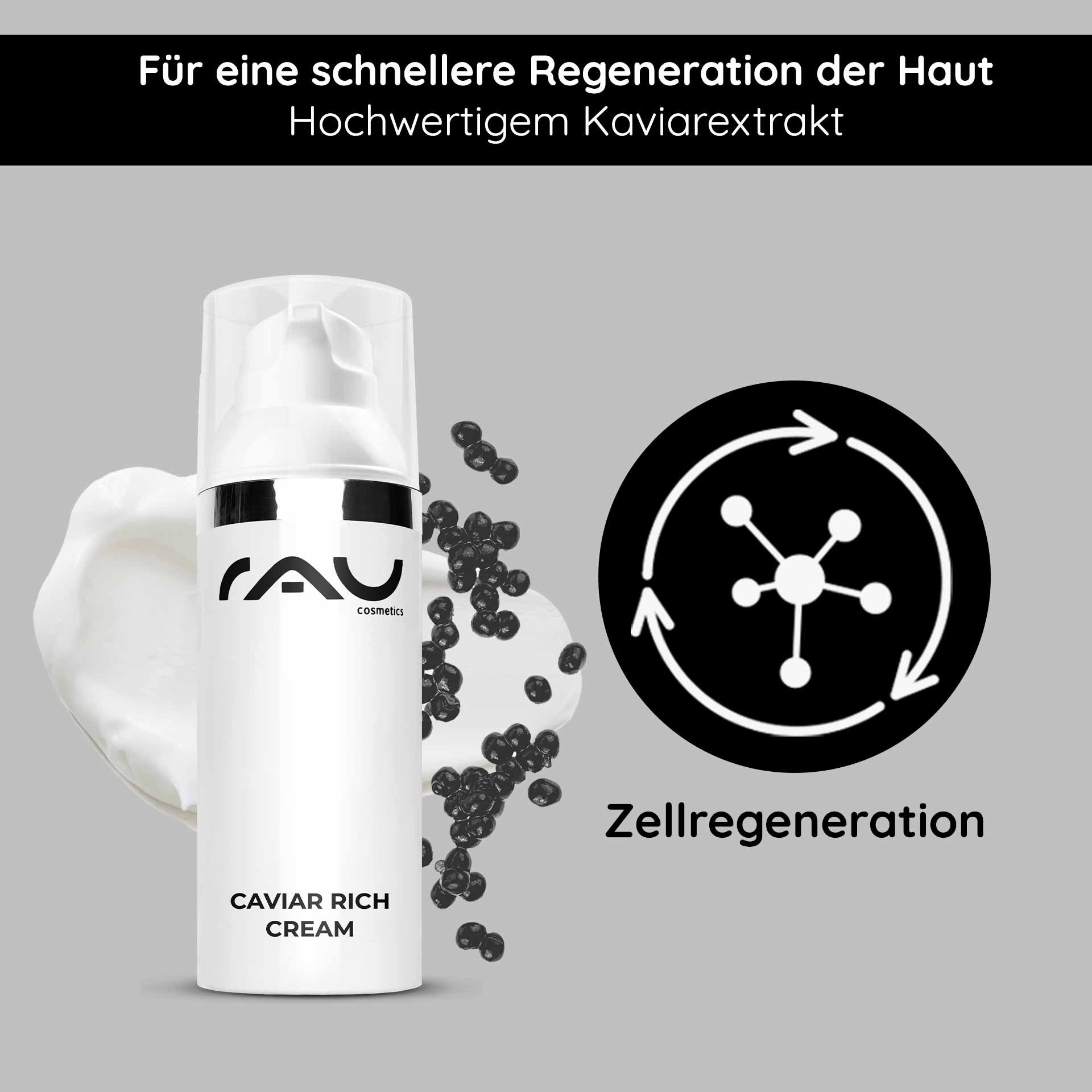 Verpackung der RAU Cosmetics Caviar Rich Cream mit Kaviarextrakt, die die Hautregeneration und Anti-Aging-Vorteile betont und über eine Cremetextur und Markenelemente verfügt.