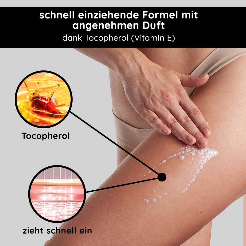 Frau, die schnell einziehendes Magnesium Active Body Oil mit Tocopherol auf ihrem Oberschenkel aufträgt, betont die Hautpflege nach dem Sport, mit Fokus auf Regeneration und angenehmen Duft.