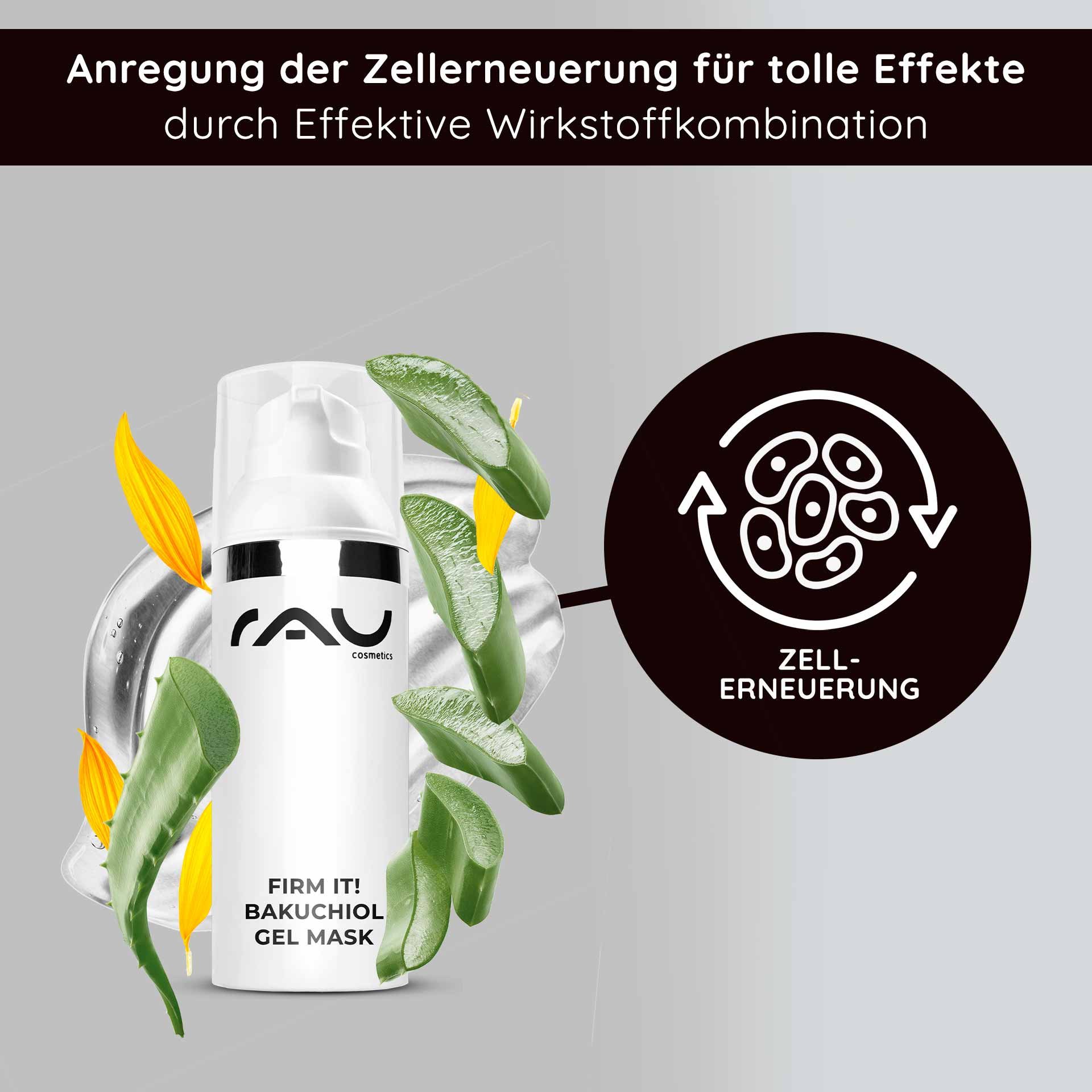RAU Cosmetics Firm it! Masque gel au bakuchiol avec aloe vera et éléments végétaux, favorise le renouvellement cellulaire et présente des bienfaits anti-âge.