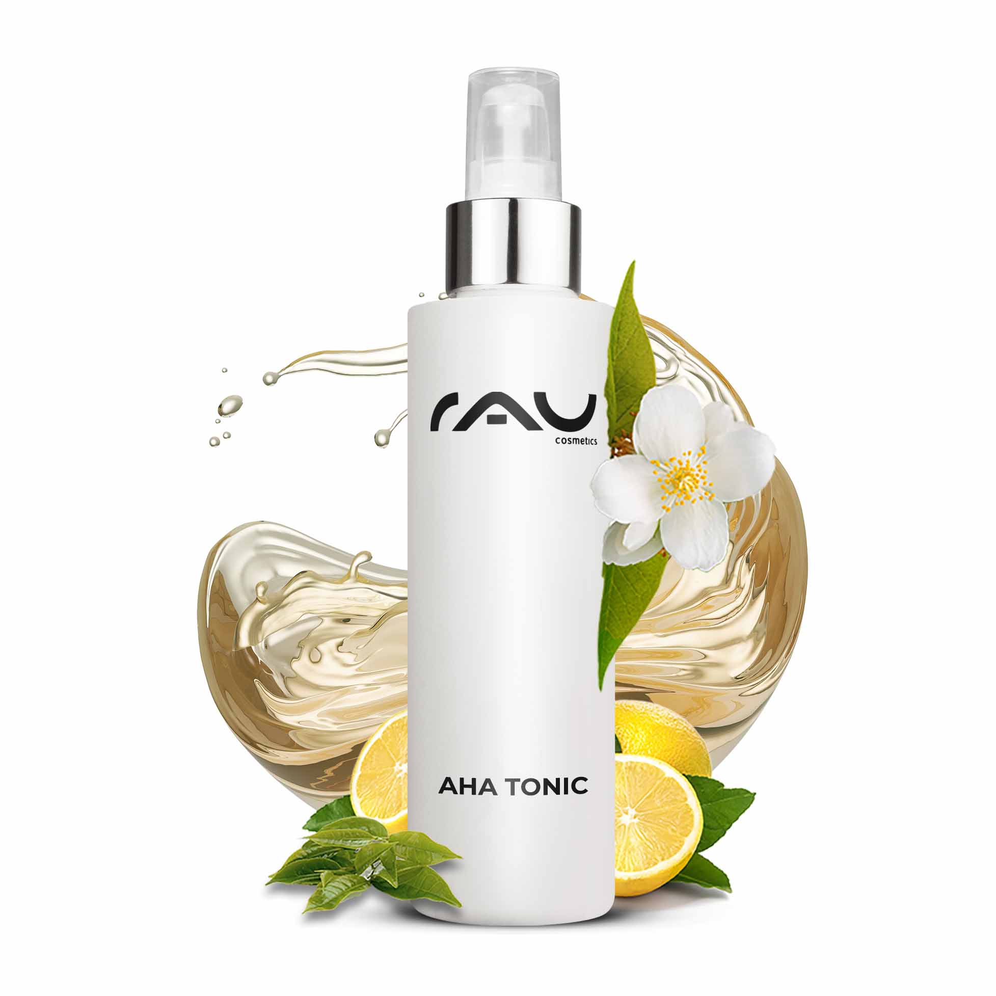 AHA Tonic 200 ml - Tonique anti-âge AHA Tonic 200-ml-Flasche mit weißem Etikett und RAU-Logo, umgeben von Zitronenscheiben, grünen Blättern und floralen Elementen, die die Vorteile der Hautverjüngung und des Peelings betonen.