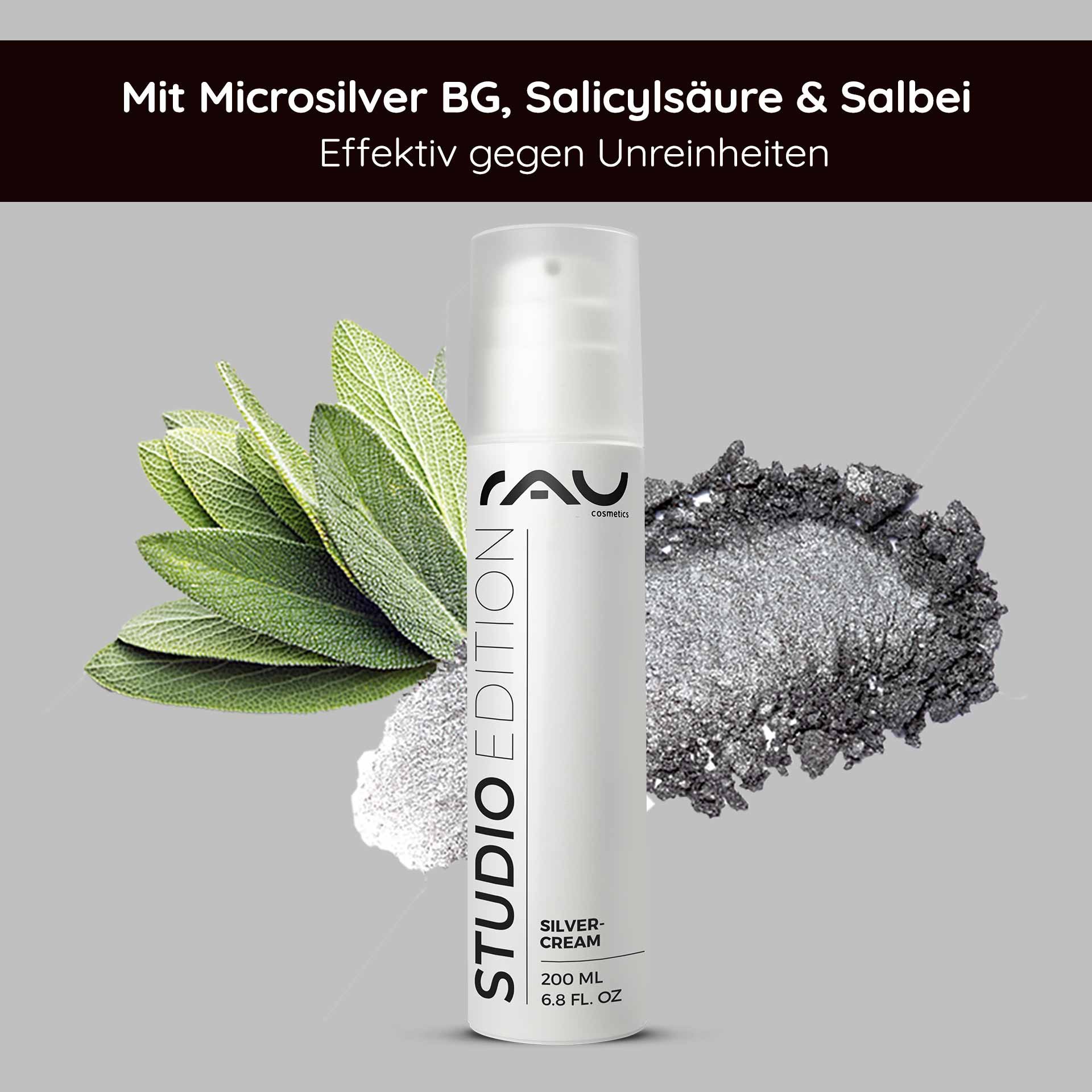 RAU Cosmetics Silvercream 200 ml für unreine Haut mit Mikrosilber, Salicylsäure und Salbei, mit Hinweis auf die Wirksamkeit gegen Hautunreinheiten.