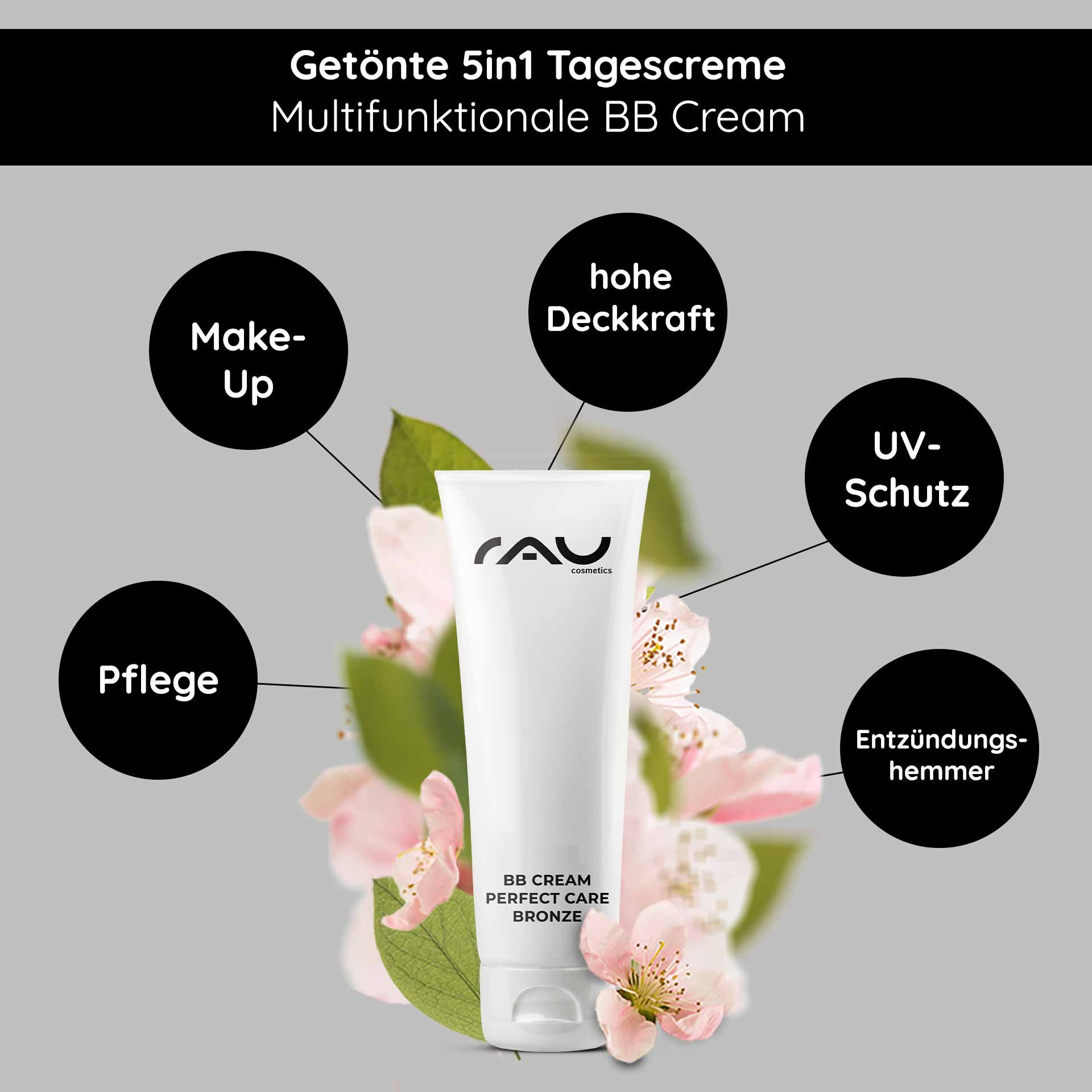 RAU BB Cream Perfect Care Bronzene Tube, umgeben von Blumen, die multifunktionale Vorteile hervorhebt: hohe Deckkraft, UV-Schutz, Hautpflege und entzündungshemmende Eigenschaften.