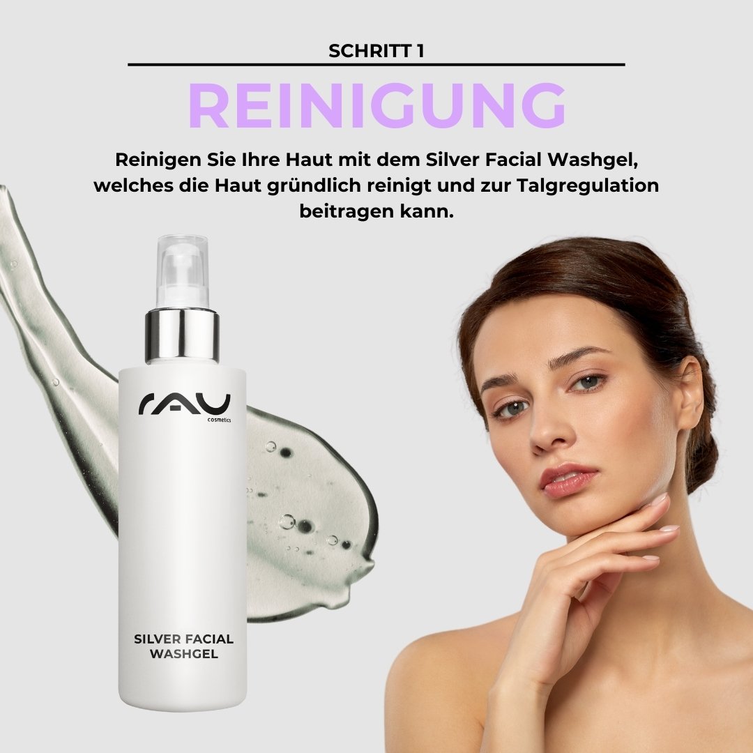 RAU Cosmetics Silver Facial Washgel mit einem Modell, das die Hautpflegeroutine für Mischhauttypen demonstriert und dabei den Reinigungsschritt in der professionellen Hautpflege hervorhebt.