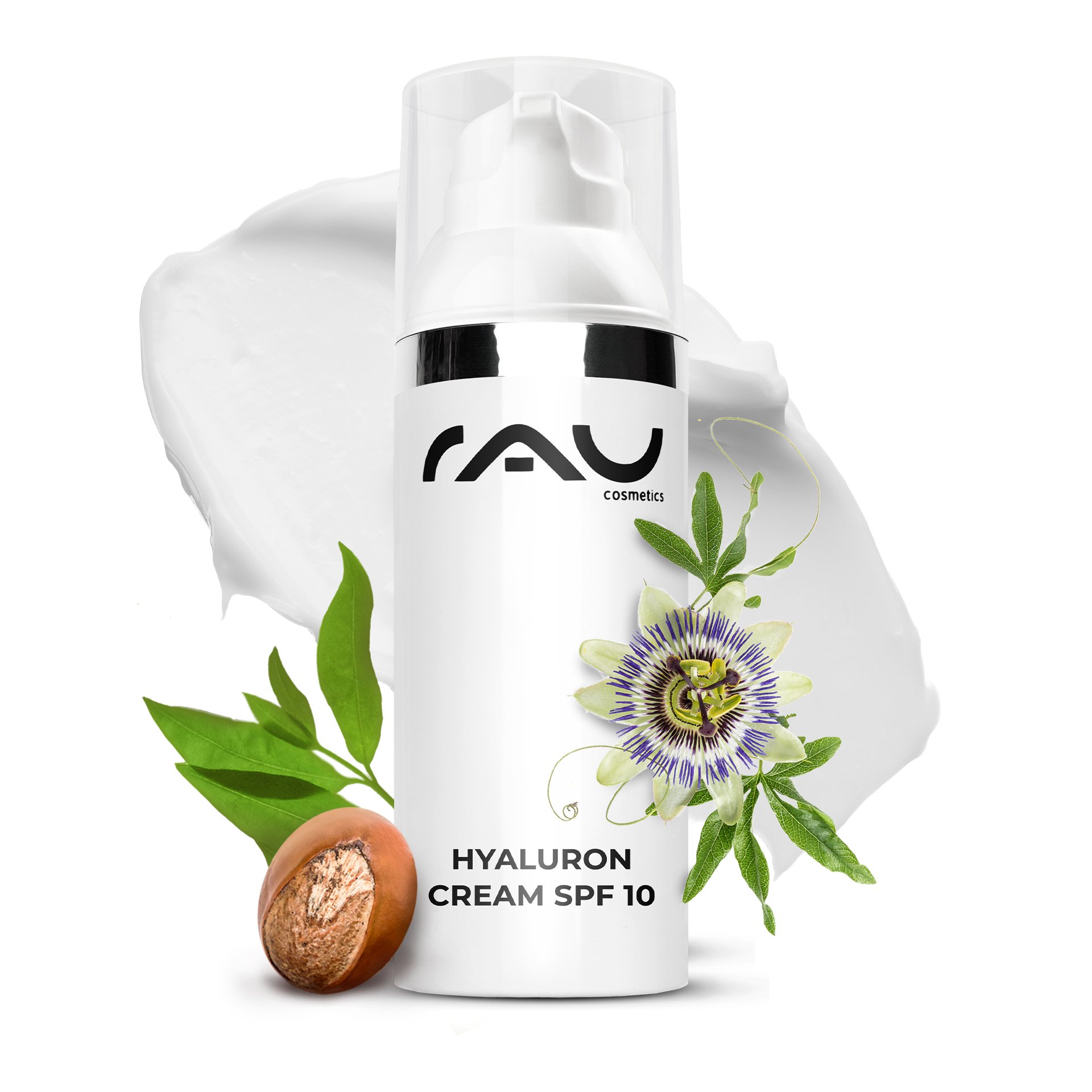 RAU Hyaluron Cream SPF 10 - Crème de jour dans un pot élégant sur un fond botanique d'herbes et de plantes actives.