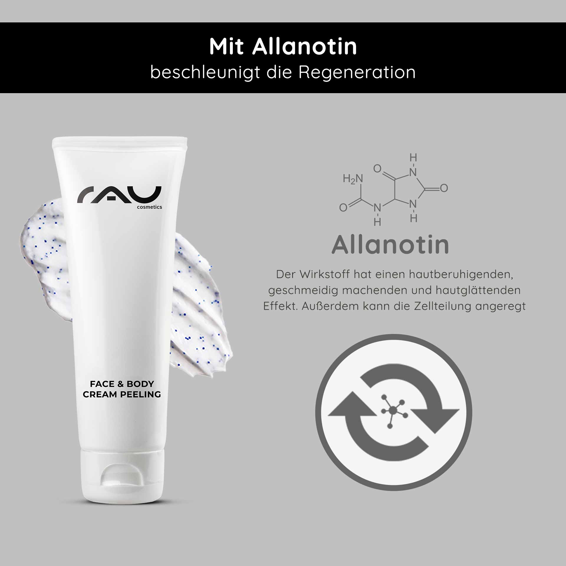 Crème exfoliante visage et corps 75 ml Exfoliation mécanique RAU Cosmetics Face & Body Cream Peeling-Tube mit cremiger Textur und Peelingpartikeln, mit Allantoin zur Hautregeneration und beruhigenden Wirkung, vor grauem Hintergrund mit Grafik der Molekülstruktur.