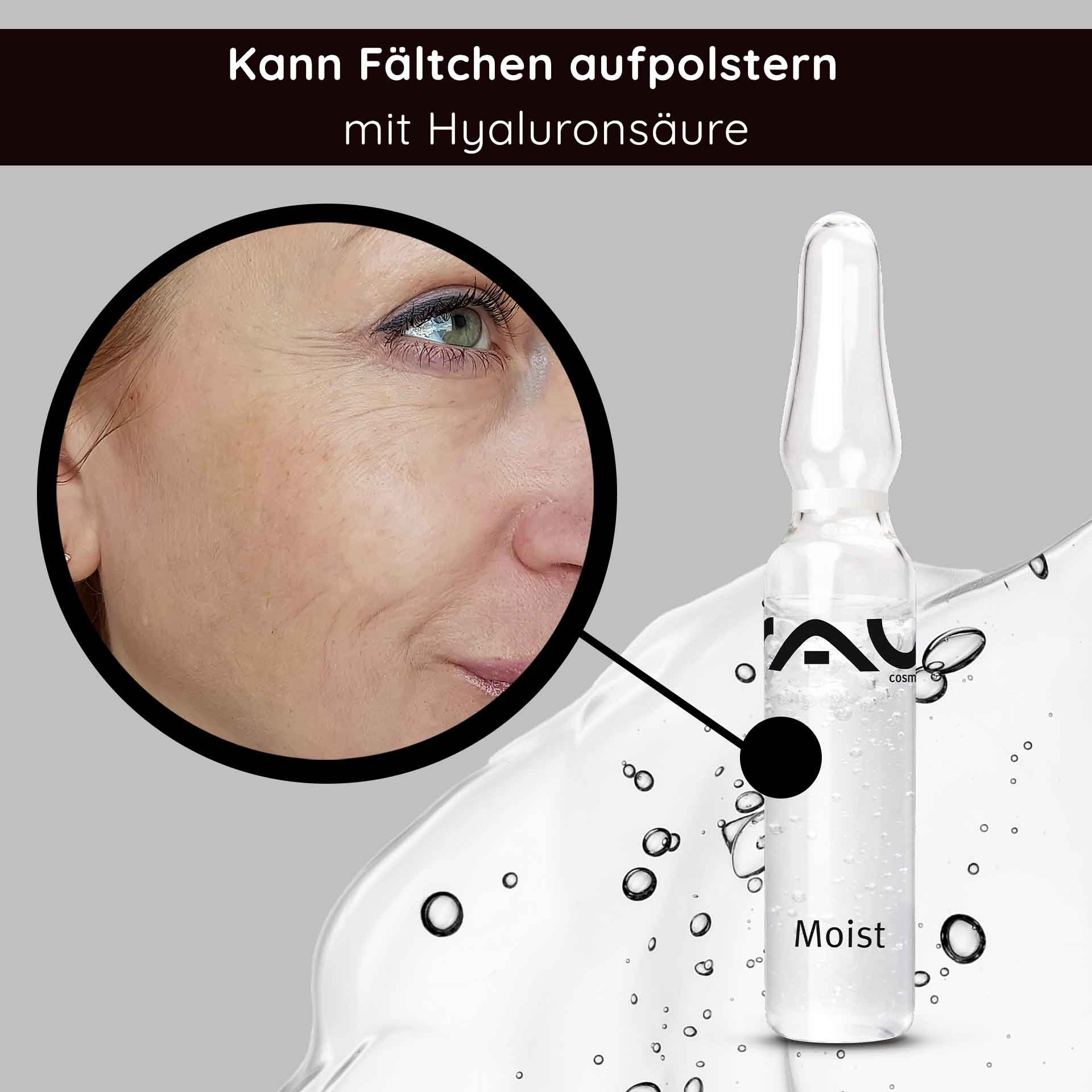 Ampoule d'acide hyaluronique de RAU Cosmetics avec gros plan sur une peau présentant des ridules, soulignant l'effet hydratant pour les peaux matures.