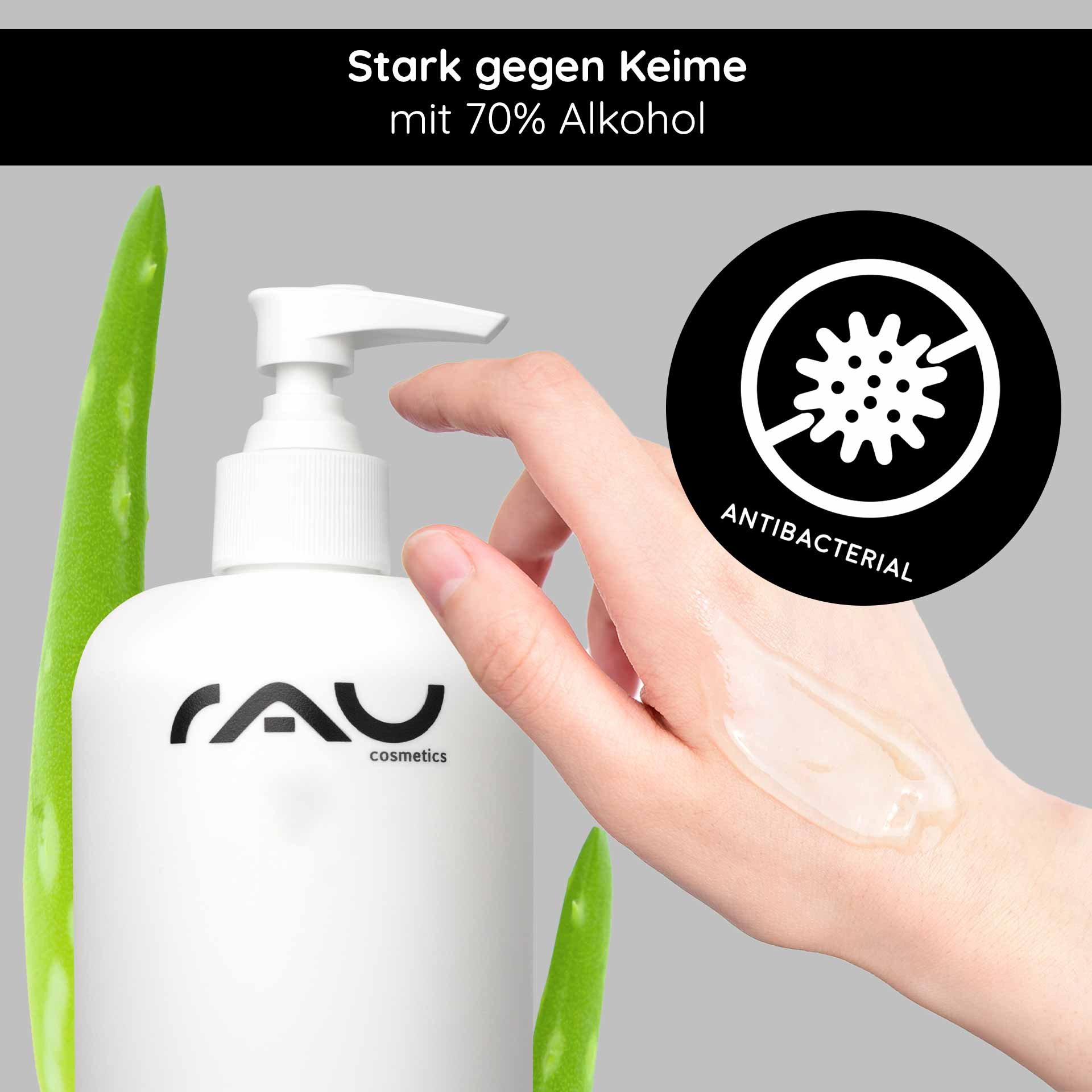Gel nettoyant RAU Hand Care avec 70 % d'alcool, aloe vera et une main appliquant le gel, mettant en avant les propriétés antibactériennes et le soin de la peau.