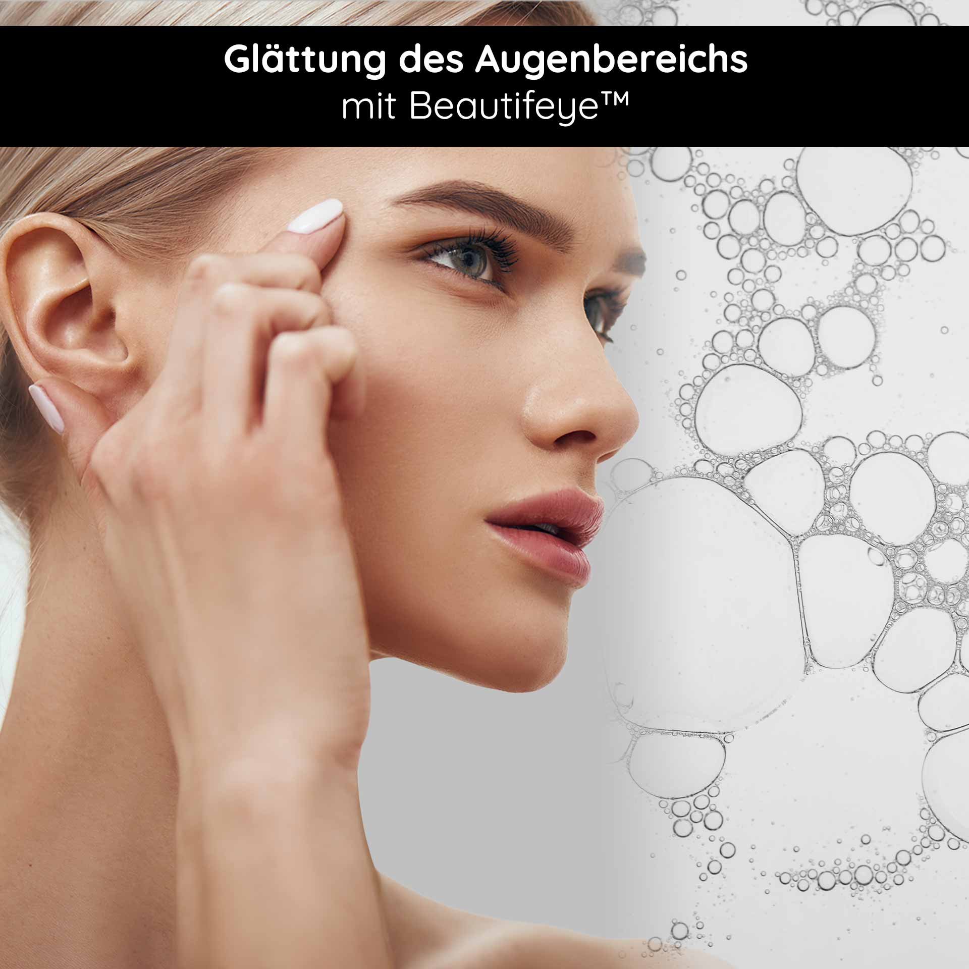 Frau mit glatter Haut im Augenbereich, zeigt Anwendung von Beautifeye™ zur Reduzierung von Augenfältchen, Tränensäcken und Augenringen.