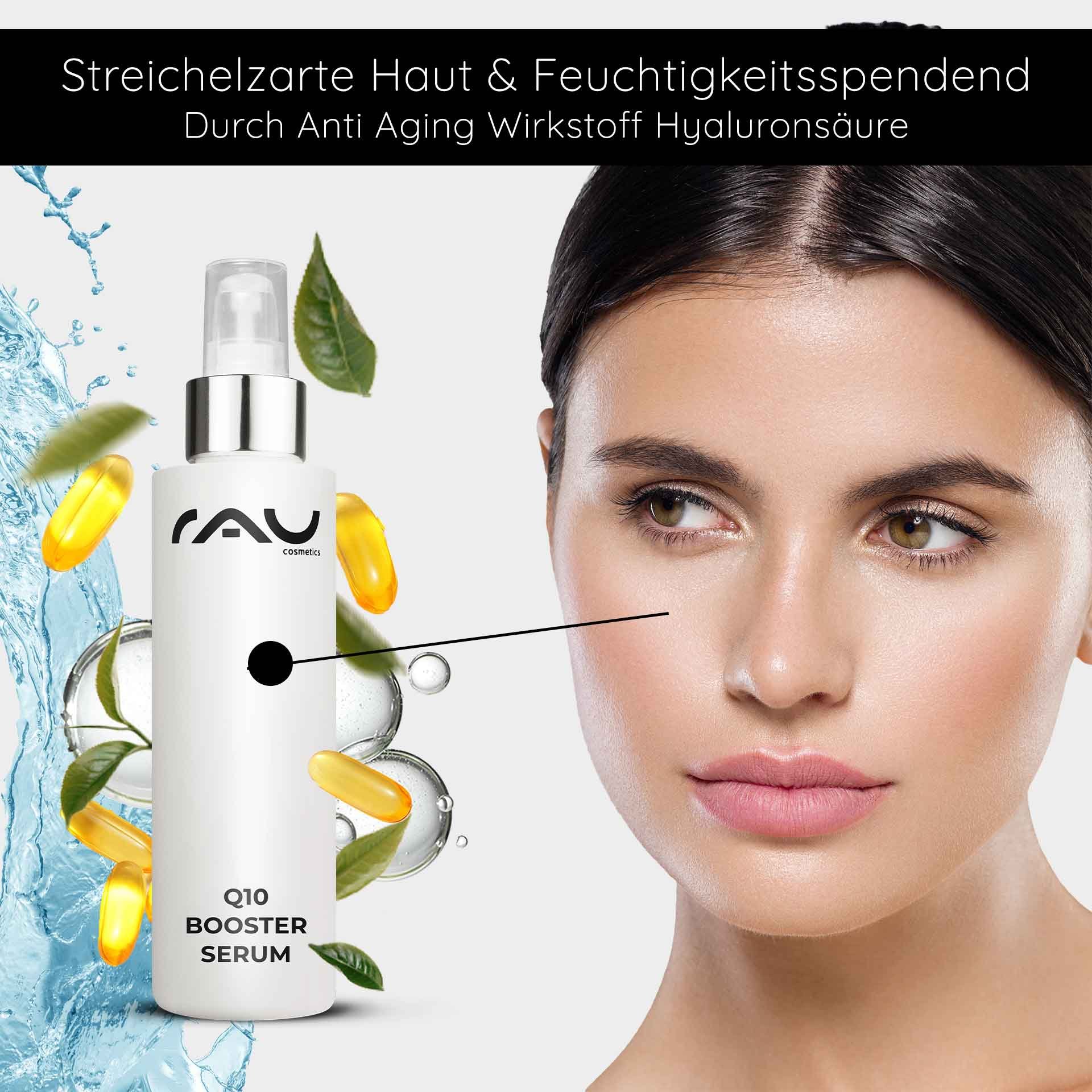 Un flacon de sérum Q10 Booster de RAU à l'acide hyaluronique, entouré d'ingrédients hydratants comme des capsules jaunes et des feuilles vertes, à côté de la peau radieuse d'un modèle, soulignant les bienfaits anti-âge.