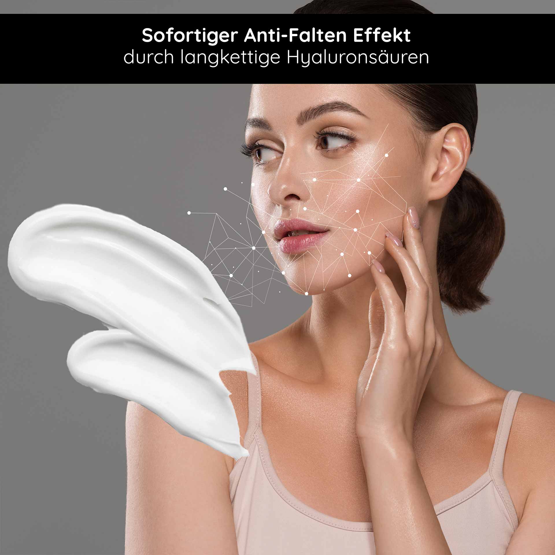 Crème Hyaluron 24h 50 ml Crème de soin Hyaluron Zarte Gesichtscreme mit sofortigem Anti-Falten-Effekt, Anwendung von langkettigen Hyaluronsäuren, aufgetragen auf das Gesicht einer Frau, die sanft ihre Haut berührt.