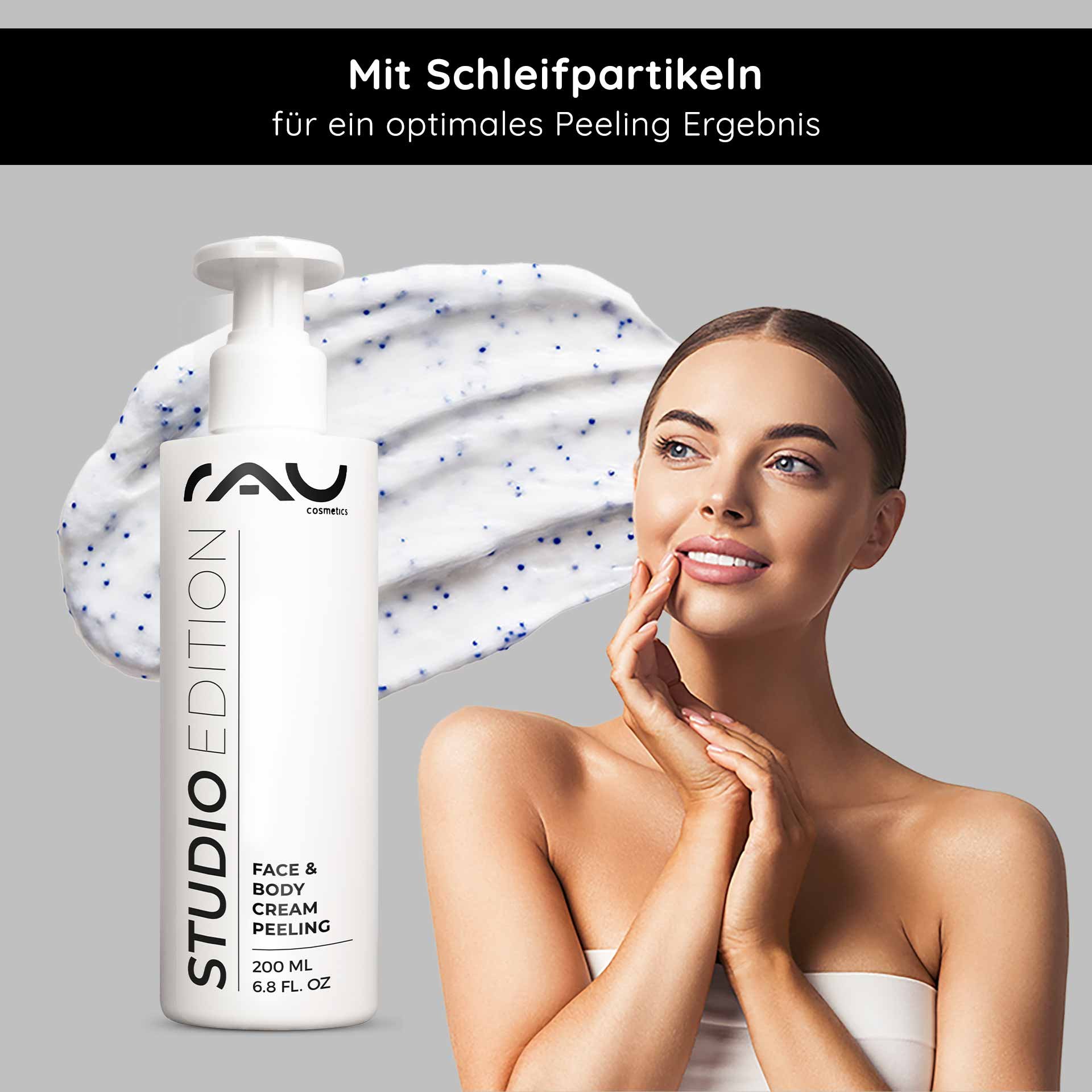 RAU Cosmetics Studio Edition Face & Body Cream Peeling 200 ml Kabinenware – mechanisches Gesicht- und Körperpeeling mit natürlichen Schleifpartikeln, Lecithin, Mandelöl, Allantoin und Panthenol für geschmeidige Haut“