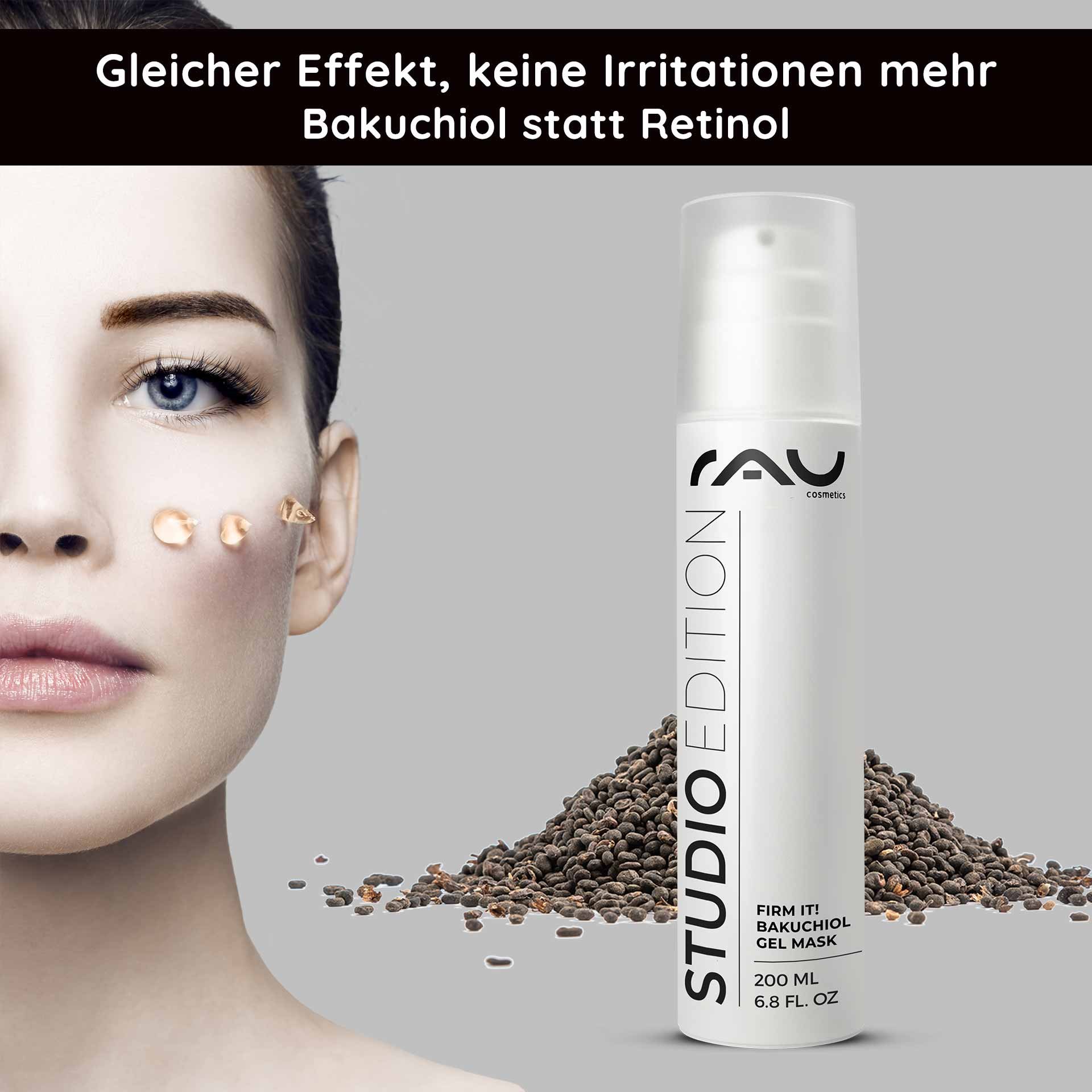Frau mit Bakuchiol Gel Maske auf der Wange, RAU Cosmetics Produktverpackung und Bakuchiol-Samen im Hintergrund, Anti-Aging und Feuchtigkeitspflege.