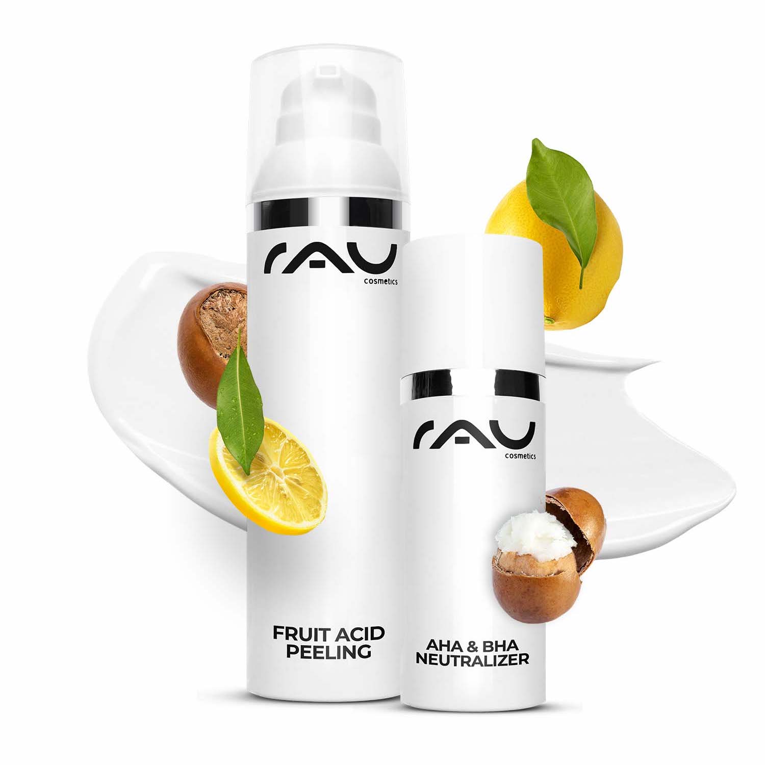 Fruit Acid Peeling 100 ml Peeling aux acides de fruits avec BHA Flaschen mit Fruchtsäurepeeling und AHA & BHA-Neutralisator von RAU Cosmetics mit Zitrone und Macadamianüssen, die natürliche Hautpflegebestandteile für ein effektives Peeling und eine Hautverjüngung hervorheben.