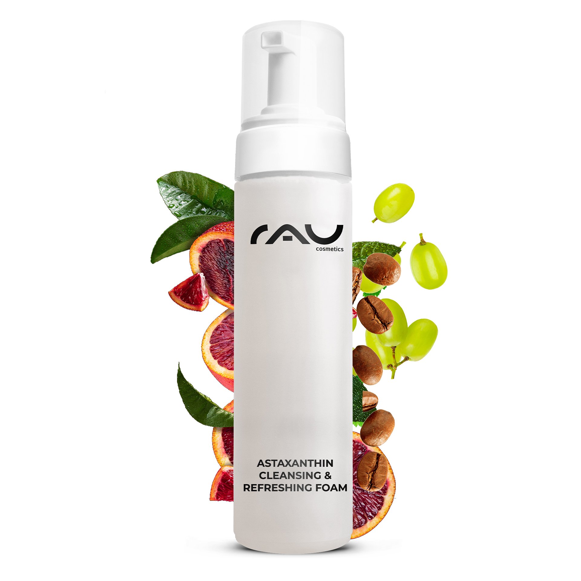 Flacon pompe de 200 ml de RAU Astaxanthin Cleansing Foam avec décoration d'orange sur fond clair