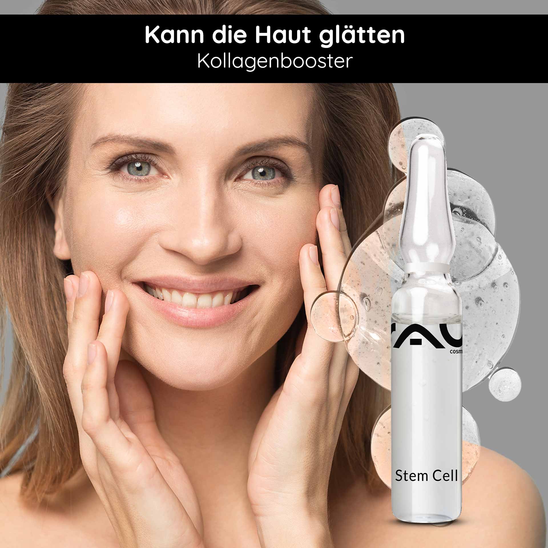 Femme souriante à la peau lisse et mains sur le visage, à côté d'une ampoule de cellules souches de RAU Cosmetics, promue comme booster de collagène.