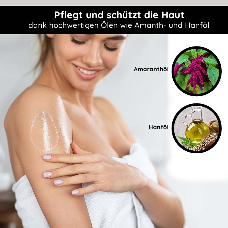Frau mit Hand auf dem Arm, der mit durchsichtiger Hautpflegeöl-Textur bedeckt ist, umgeben von Illustrationen von Amaranth- und Hanföl, betont die pflegenden Eigenschaften der hochwertigen Öle für die Haut.