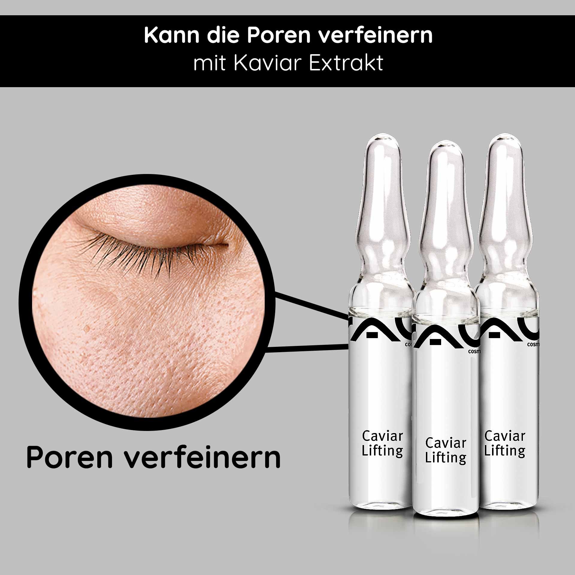 Caviar Lifting Ampullen von RAU Cosmetics, mit Vergrößerung eines Hautbereichs, der die Porenverfeinerung zeigt, und Text "Kann die Poren verfeinern mit Kaviar Extrakt".