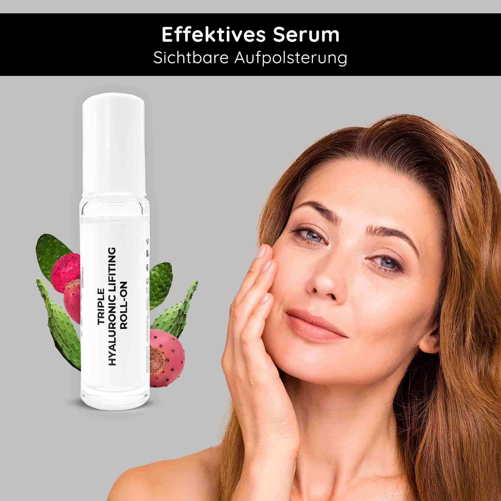Triple Hyaluronic Serum Roll-On 10 ml avec 3 acides hyaluroniques Dreifach-Hyaluron-Lifting-Serum-Roll-On 10 ml mit einer Frau, die Serum auf ihr Gesicht aufträgt, umgeben von Kaktusfrüchten, wodurch die effektiven Anti-Aging- und Feuchtigkeitsvorteile hervorgehoben werden.