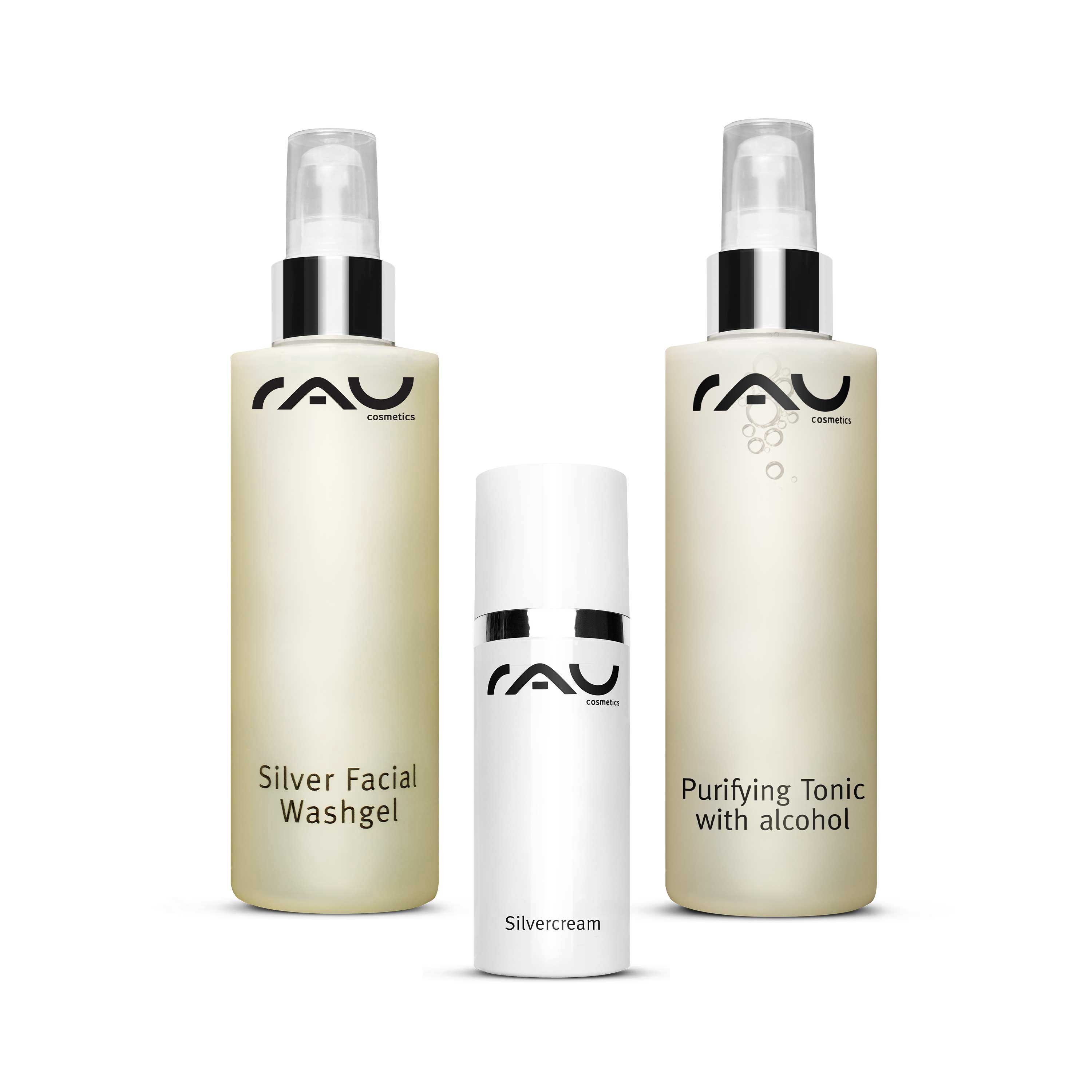 Coffret de soin RAU Cosmetics avec Silver Facial Washgel, Purifying Tonic avec alcool et Silvercream pour le soin des peaux impures.