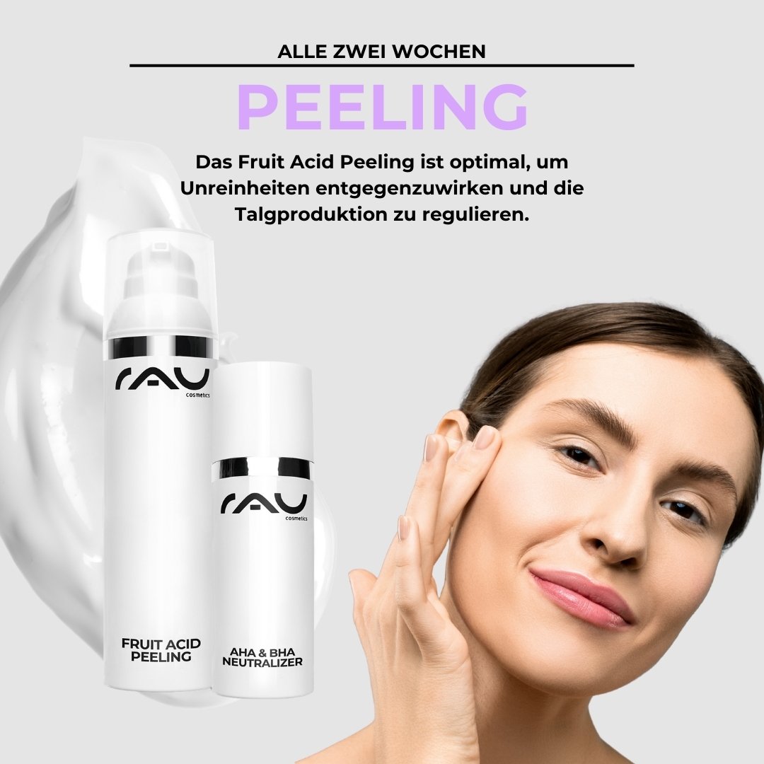 Professionelle Hautpflegeprodukte von RAU Cosmetics für unreine fettige Haut, einschließlich Fruchtsäurepeeling und AHA & BHA Neutralisierer, mit einer Person, die sanft ihr Gesicht berührt.