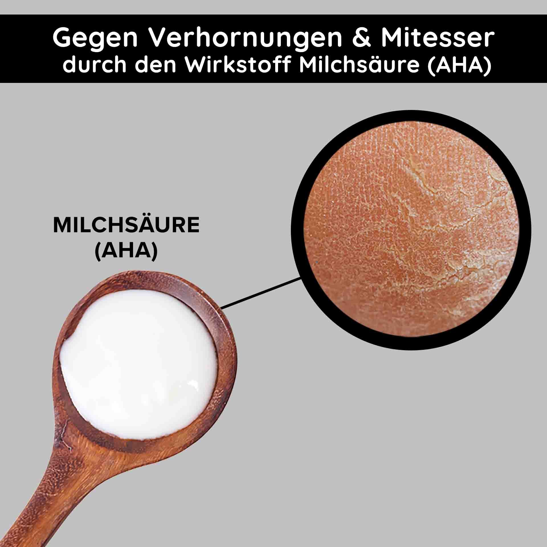 Milchsaüre (AHA) in Holzlöffel mit Nahaufnahme von Hauttextur, betont die Wirkung gegen Verhornungen und Mitesser für verbesserte Hautpflege.