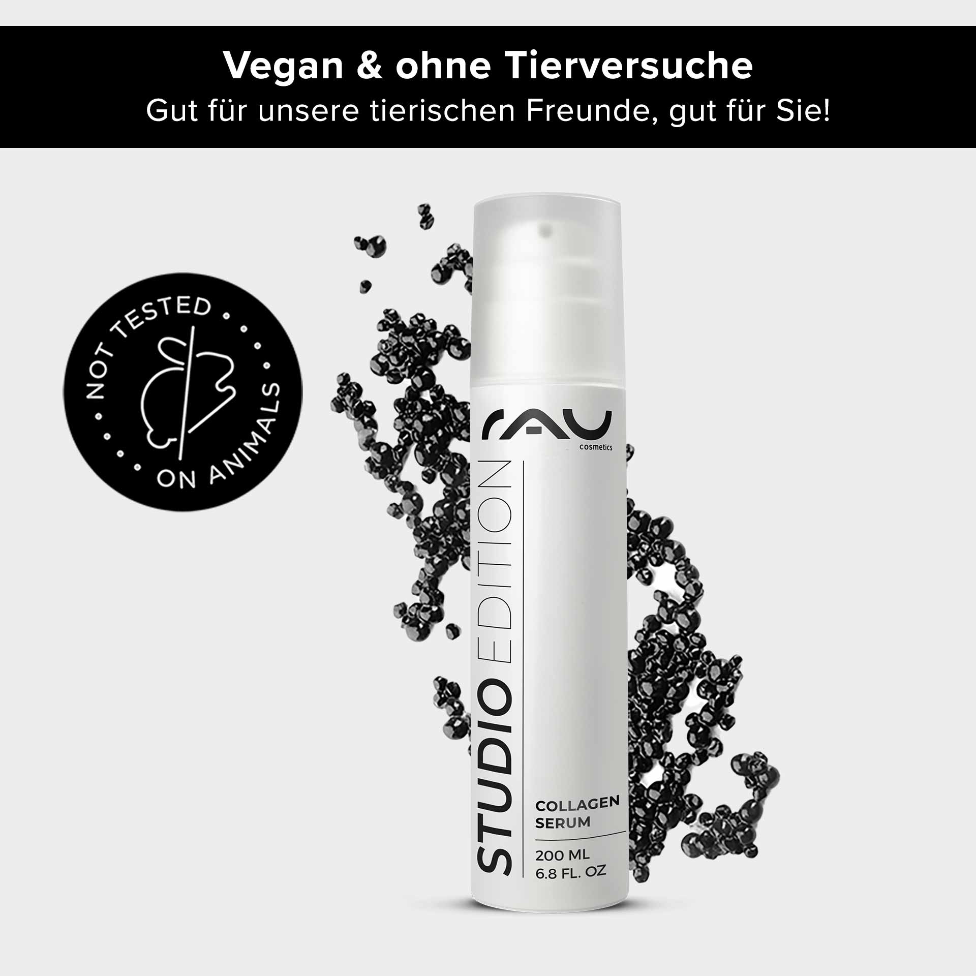 Caviar 24h Cream 200 ml Soin de la peau à l'extrait de caviar RAU Cosmetics Collagen Serum in einer 200-ml-Flasche mit veganem Etikett, schwarzen Blasen und dem Emblem „Nicht an Tieren getestet“, das die Vorteile für die Hautpflege hervorhebt.