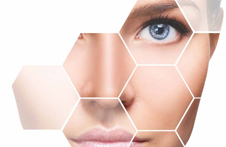 Nahaufnahme eines Gesichts mit Hauttexturen in Wabenform, symbolisiert die Wirkung von Argireline in der Hautpflege.