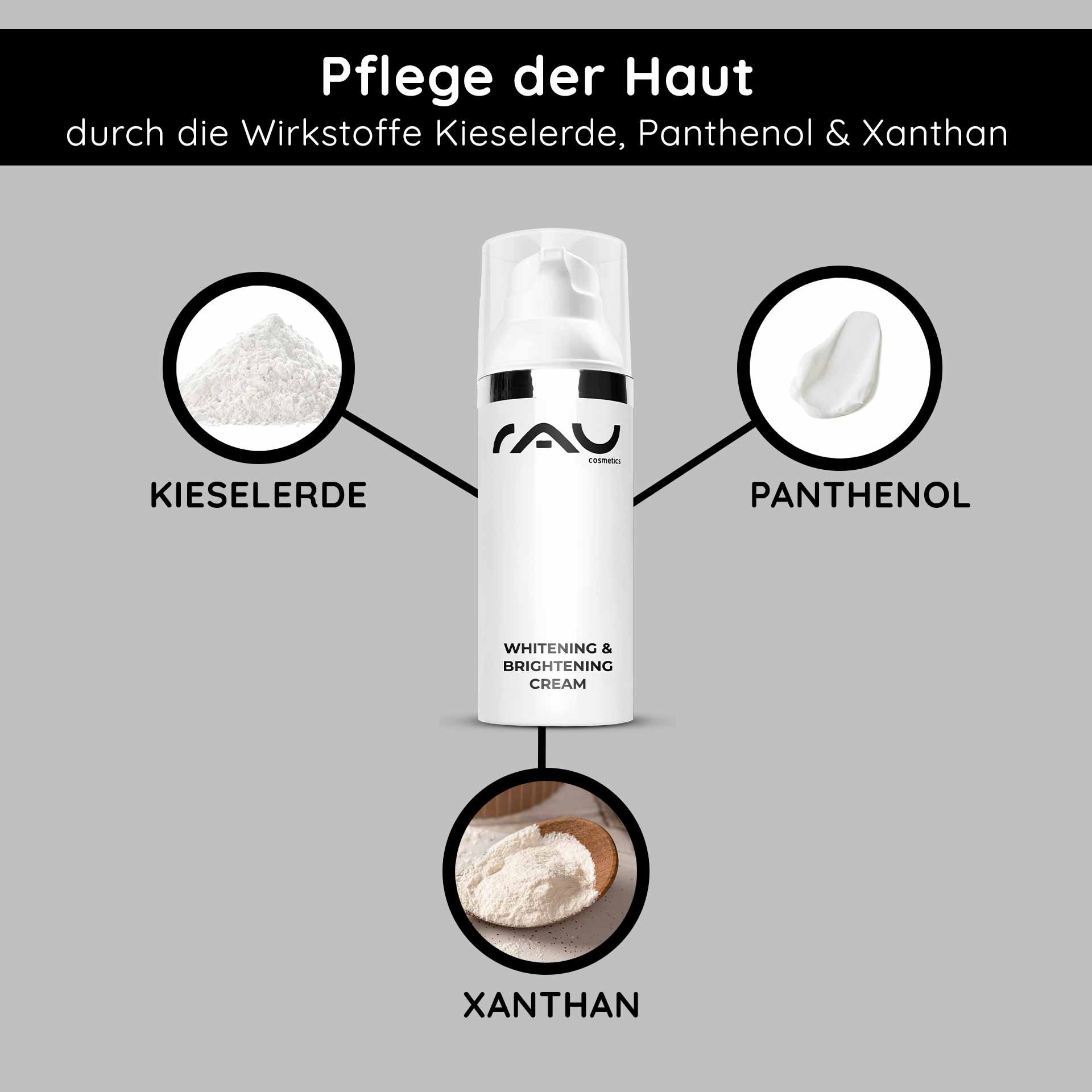 RAU Cosmetics Whitening & Brightening Cream avec silice, panthénol et xanthane pour le soin de la peau et la réduction des pigments.