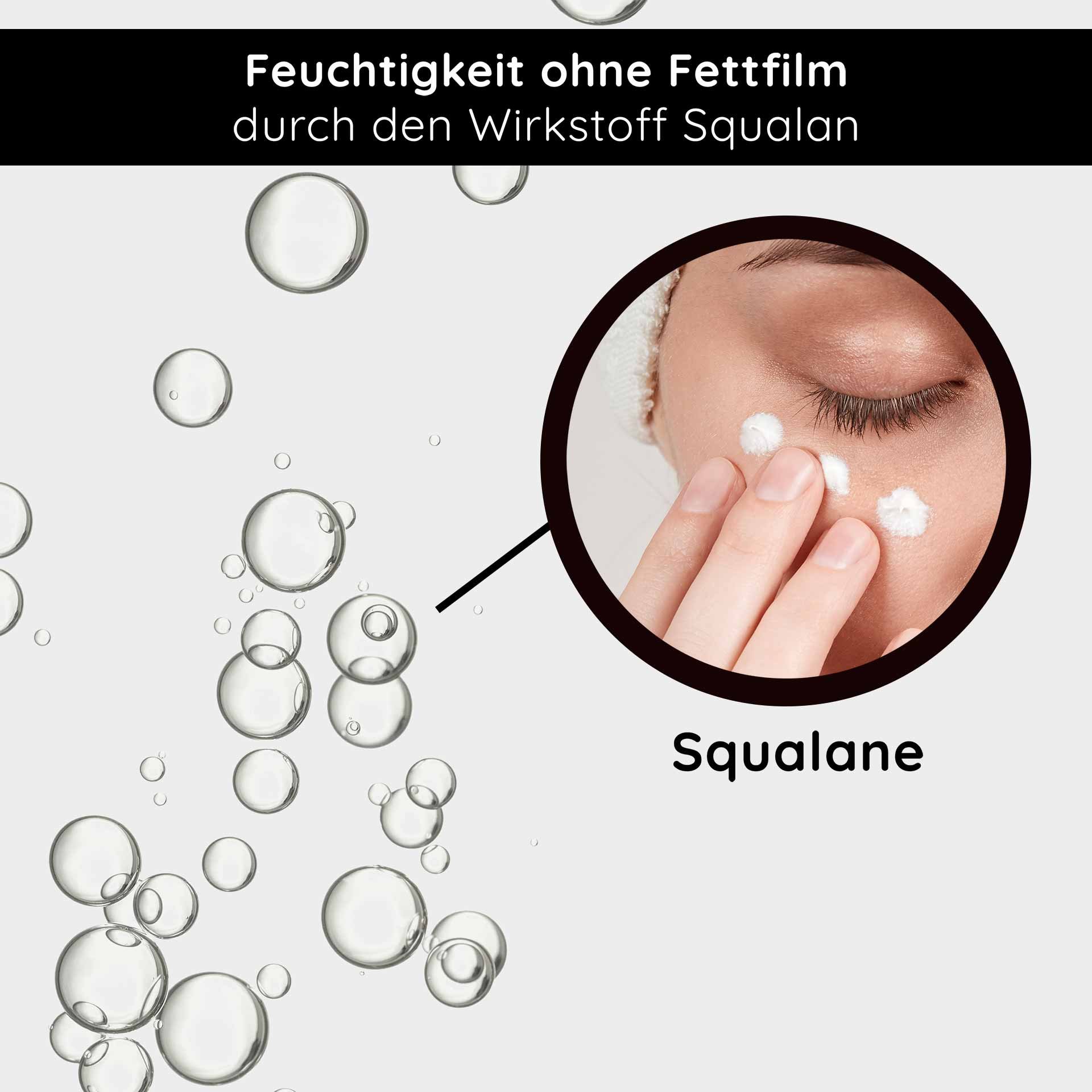 Hydratation sans film gras grâce au squalane, une personne applique la crème sur le visage, bulles en arrière-plan, souligne les propriétés hydratantes.