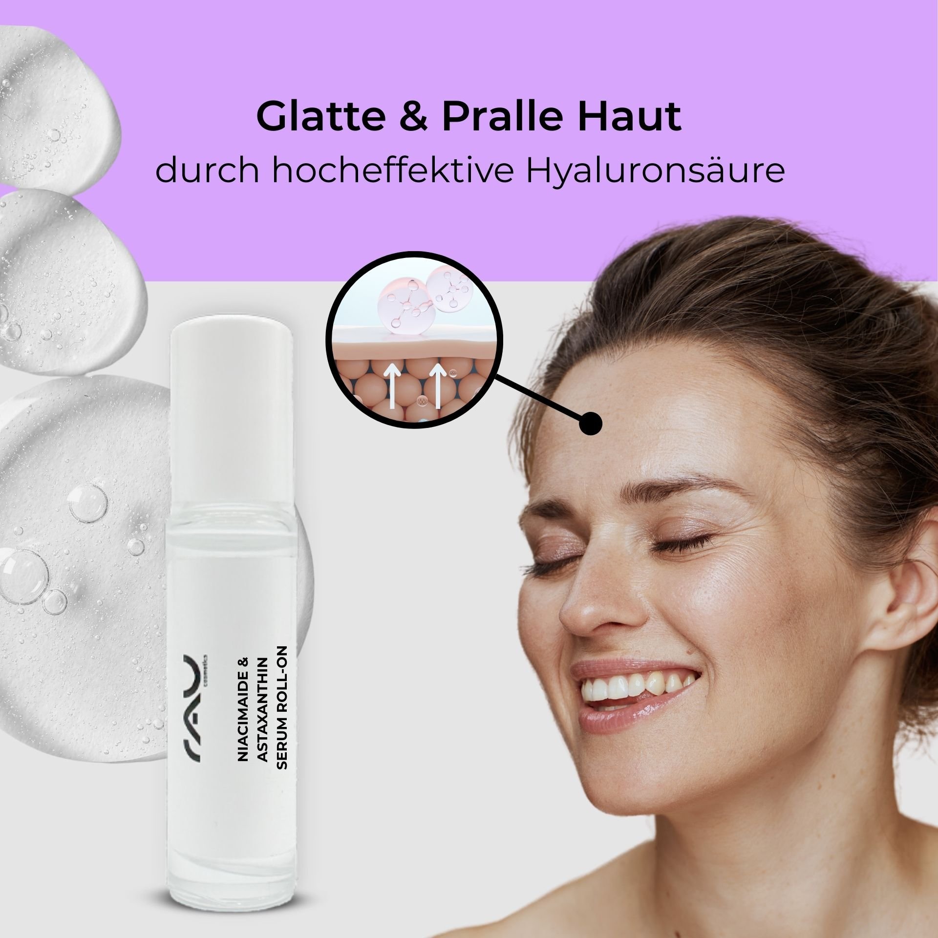Niacinamide & Astaxanthin Serum Roll-On von RAU Cosmetics, präsentiert die Vorteile für die Haut mit Hyaluronsäure und zeigt eine lächelnde Frau mit strahlender Haut und Feuchtigkeitsillustration.