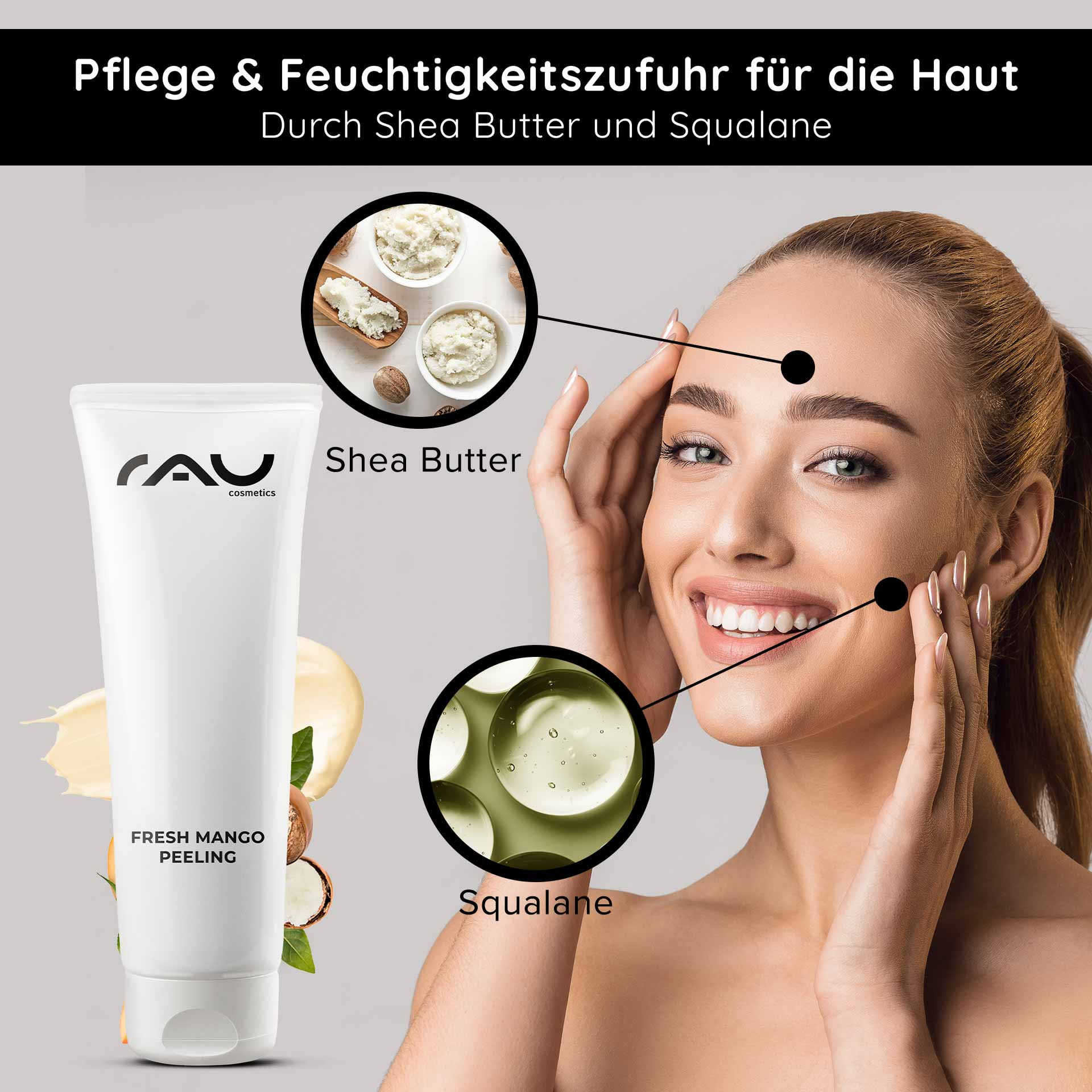 Fresh Mango Peeling 75 ml Exfoliant enzymatique au parfum de mangue Tube mit frischem Mango-Peeling von RAU Cosmetics, die die Vorteile von Sheabutter und Squalan hervorhebt. Lächelnde Frau beim Auftragen der Hautpflege, wobei die Feuchtigkeitsversorgung und das sanfte Peeling für alle Hauttypen im Vordergrund stehen.