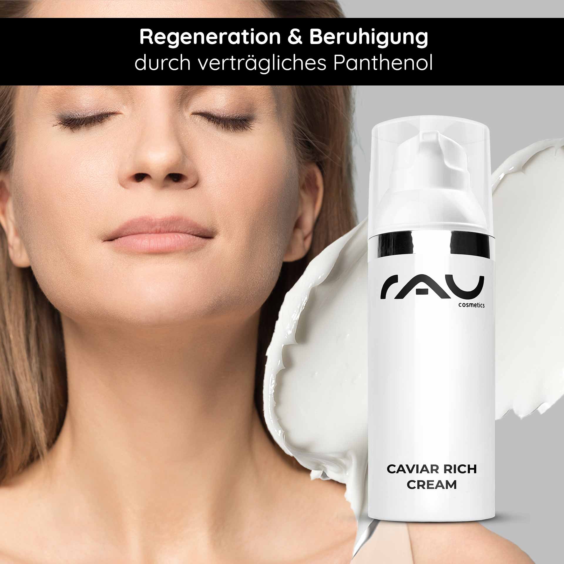 Femme aux yeux fermés tenant la Caviar Rich Cream de RAU Cosmetics, avec focus sur les ingrédients régénérants et apaisants tels que le panthénol.