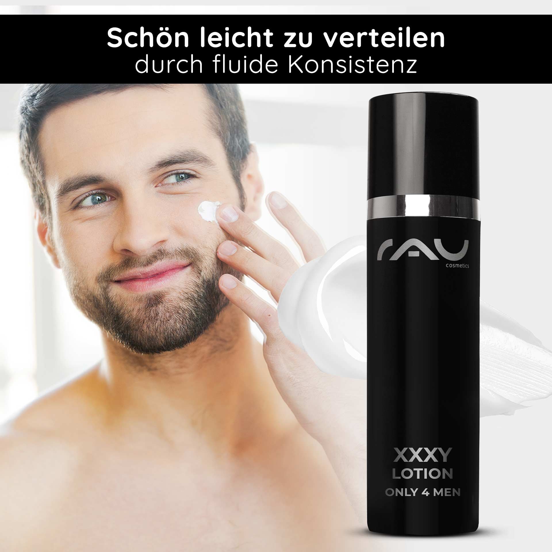 Fraîcheur après le rasage : un homme applique la lotion XXXY, qui régénère et rafraîchit la peau grâce à l'Hyadisine Marine.