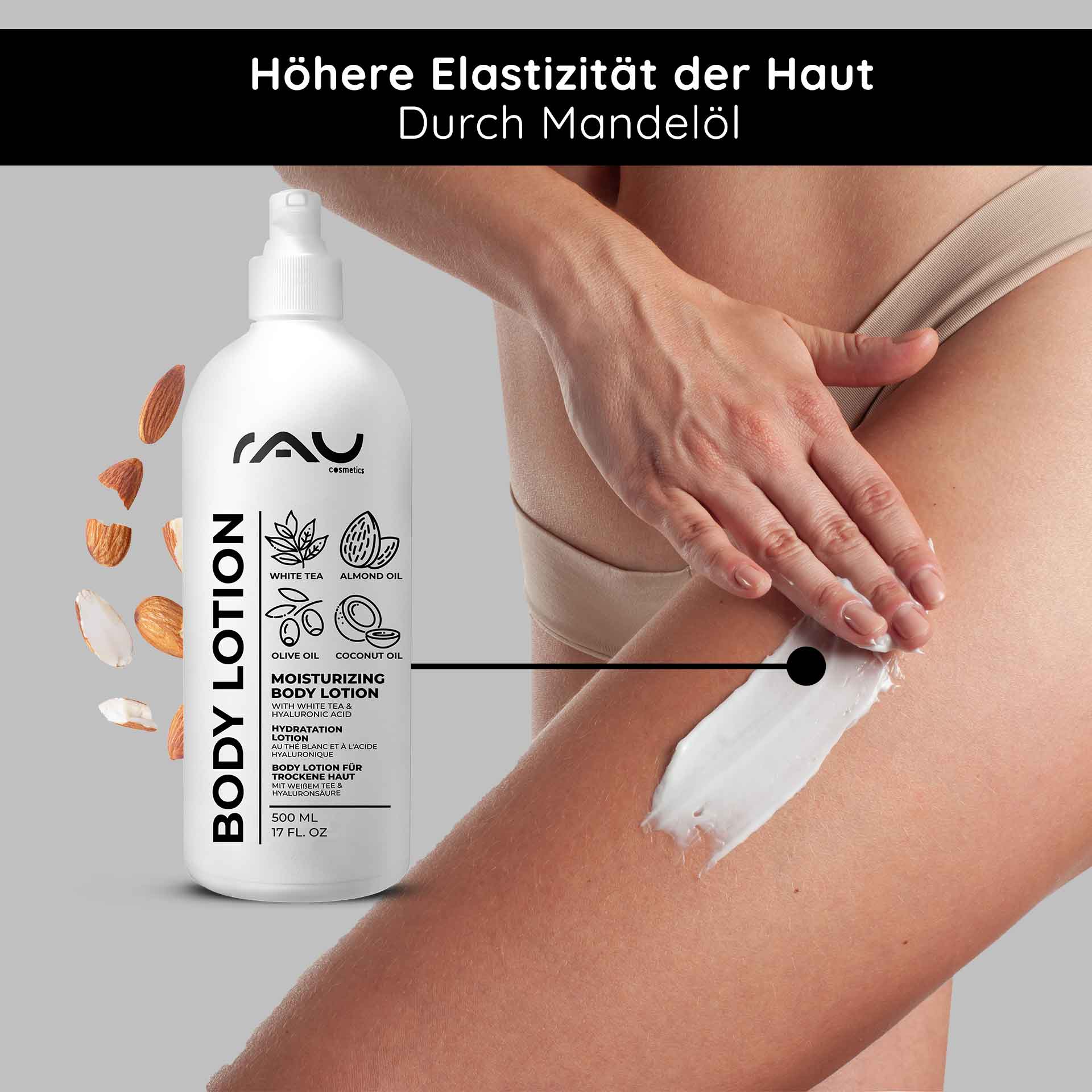 Lotion corporelle pour peaux sèches 500 ml avec hyaluron, thé blanc, urée Flasche der RAU Cosmetics White Tea Body Lotion mit Feuchtigkeitscreme zum Auftragen auf die Haut, mit Inhaltsstoffen wie Mandelöl und Kokosöl, die die Hautelastizität und Feuchtigkeitsversorgung trockener Haut fördern.